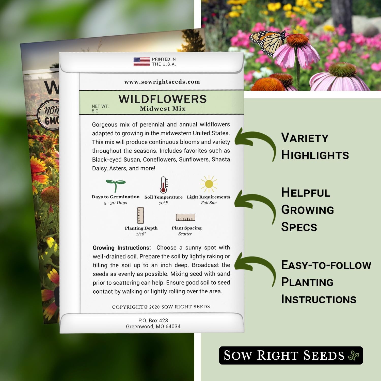 Sow Right Seeds – Wildflowers Mix for Planting in Midwest – Non-GMO mix