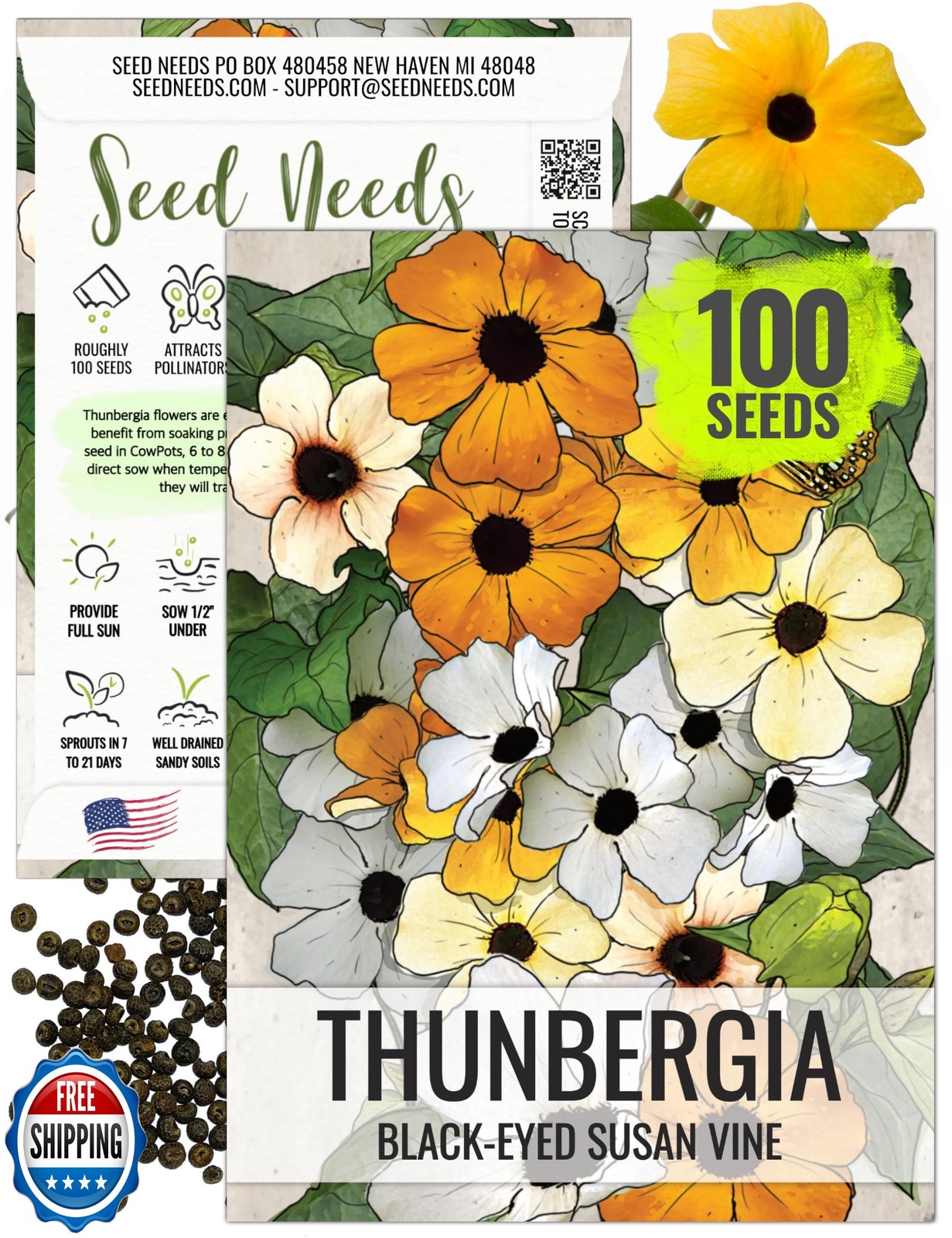 Seed Needs, Black-Eyed Susan Vine Seeds – 100 Heirloom Seeds for Planting Thu