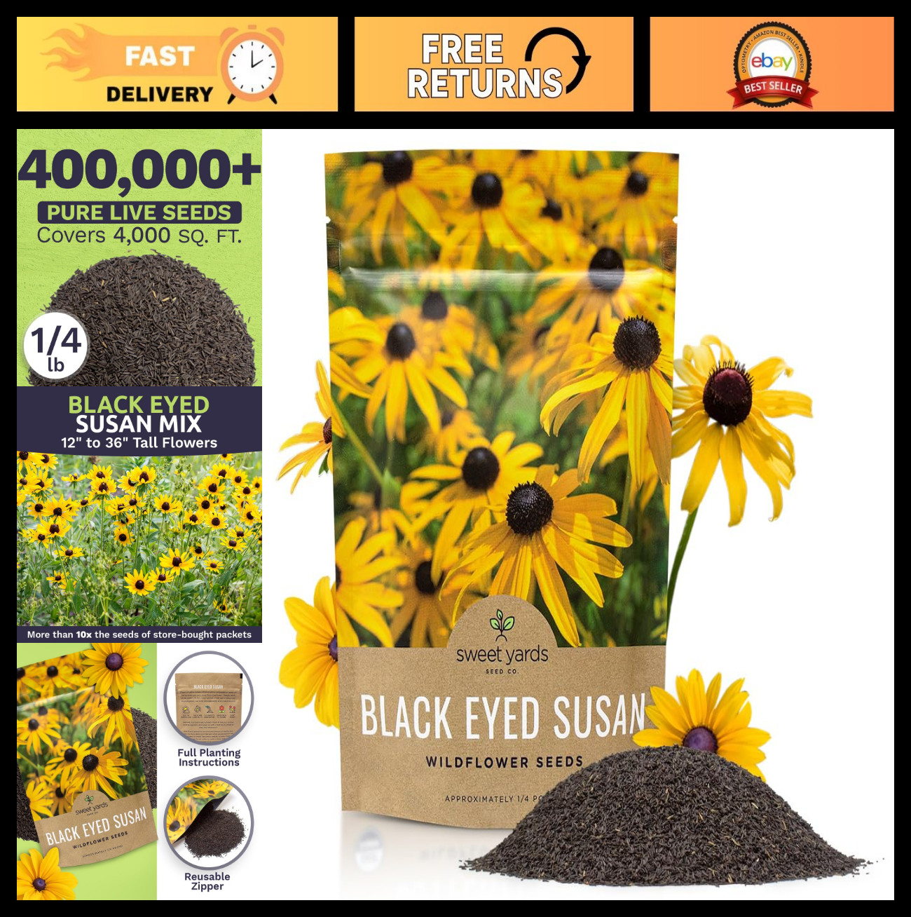 Bulk Black Eyed Susan Seeds – 1/4 lb Non-GMO Wildflower Seeds – 400,000+ Open Po