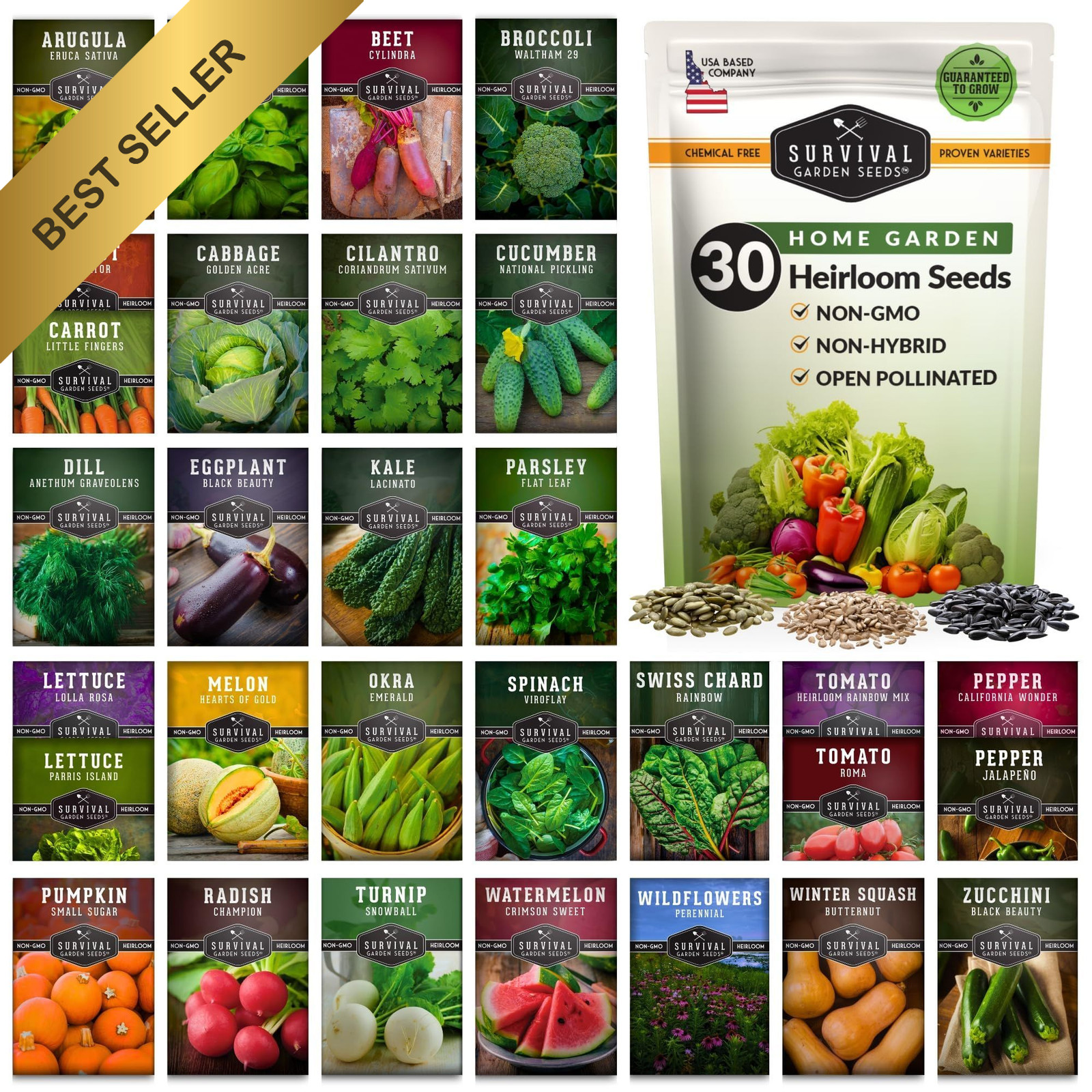 30 Variety Pack Heirloom Vegetable Herb Fruit Seeds Non GMO Survival Seed Vault