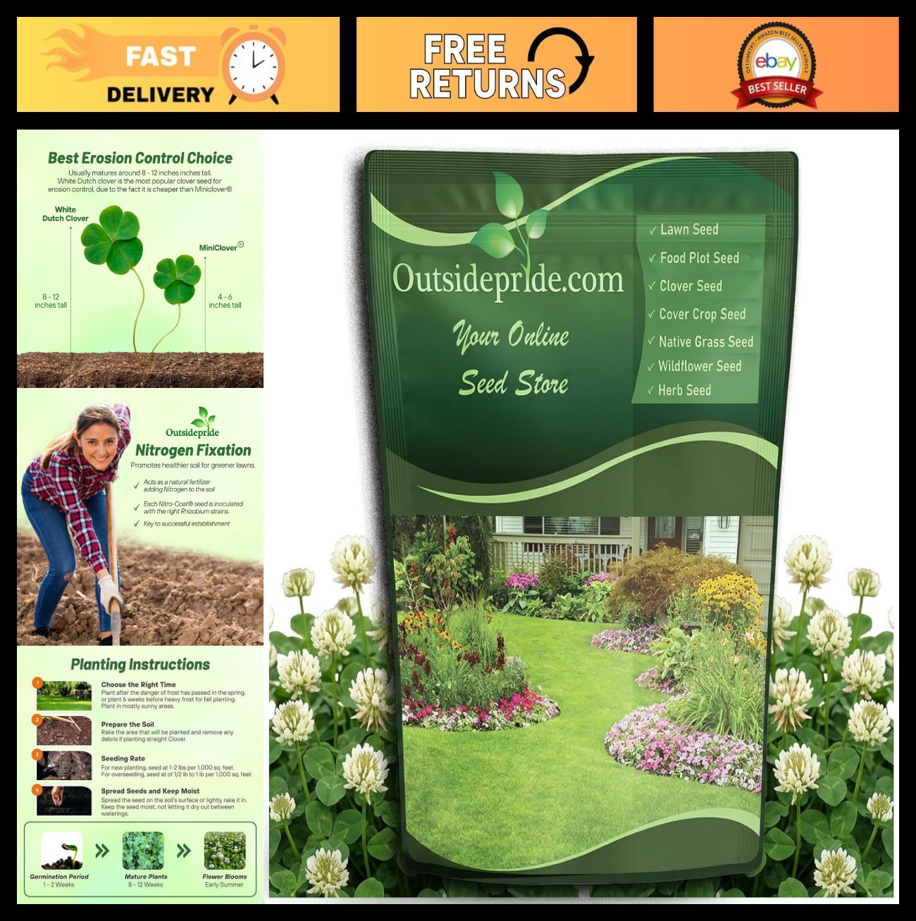 Perennial White Dutch Clover Seeds – 5 lbs, Nitrocoated, Inoculated, Lawn Altern