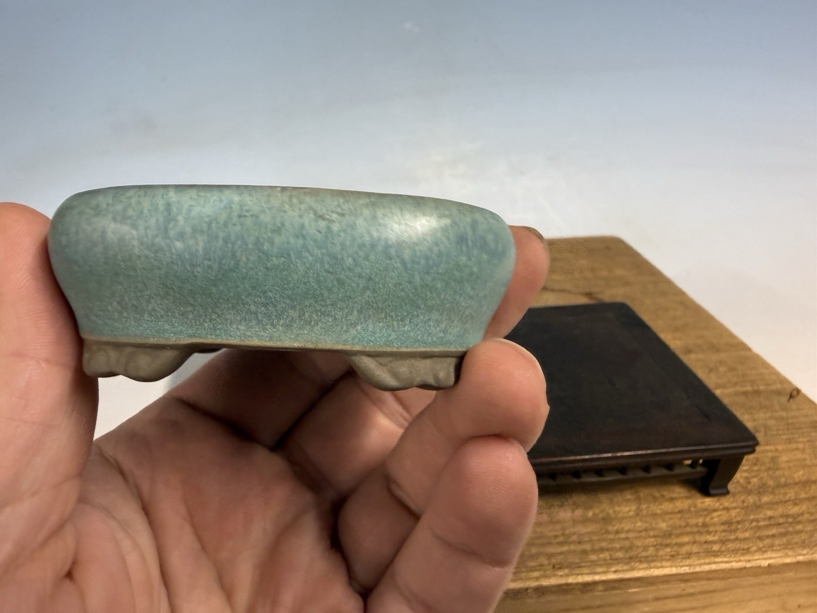 Japanese Unknown Maker Shohin Bonsai Tree Pot 3 1/8” Blue Glazed