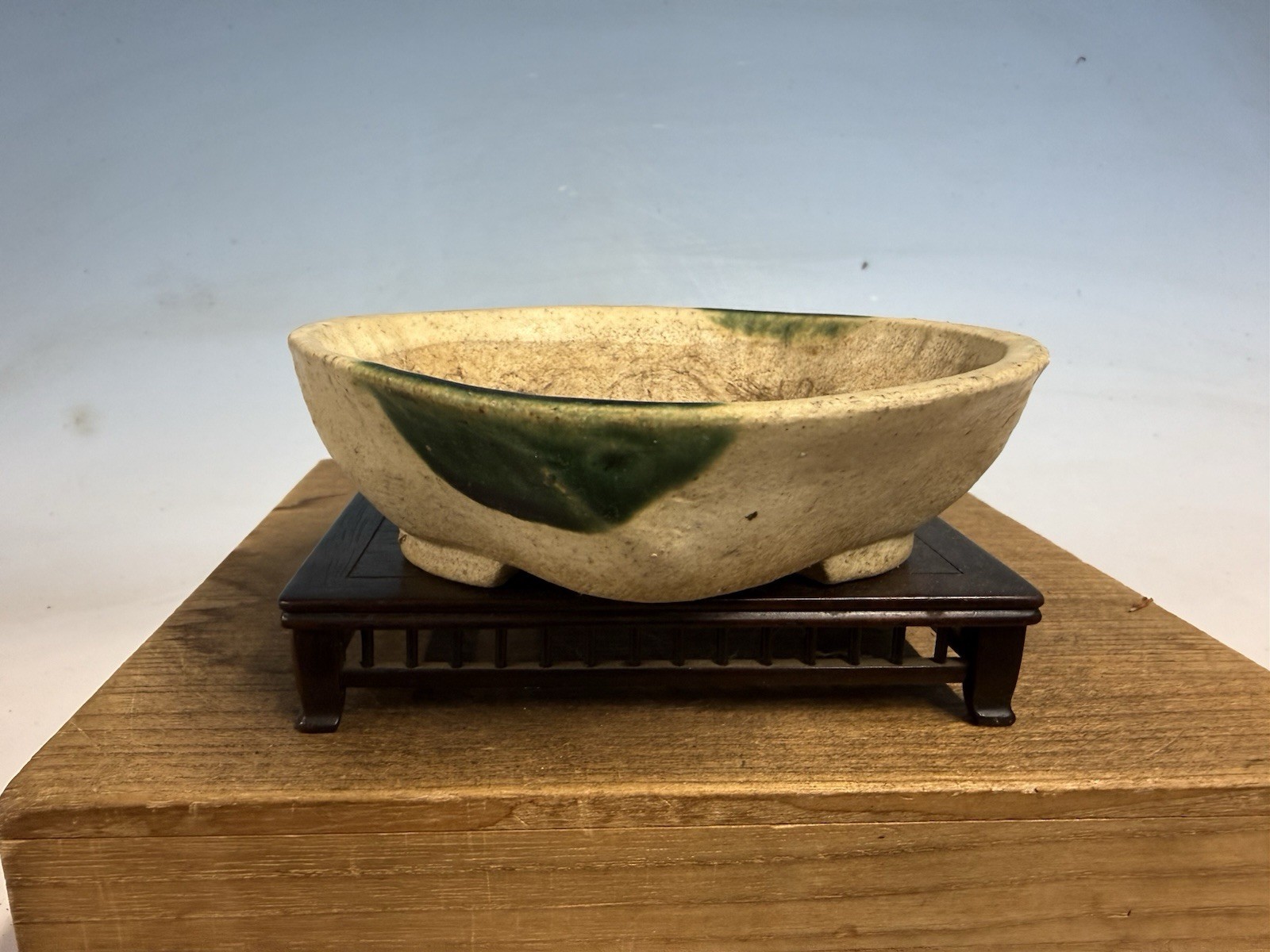 Japanese Unknown Maker Shohin Bonsai Tree Pot 6 1/4 By 1 7/8” Cream And Green