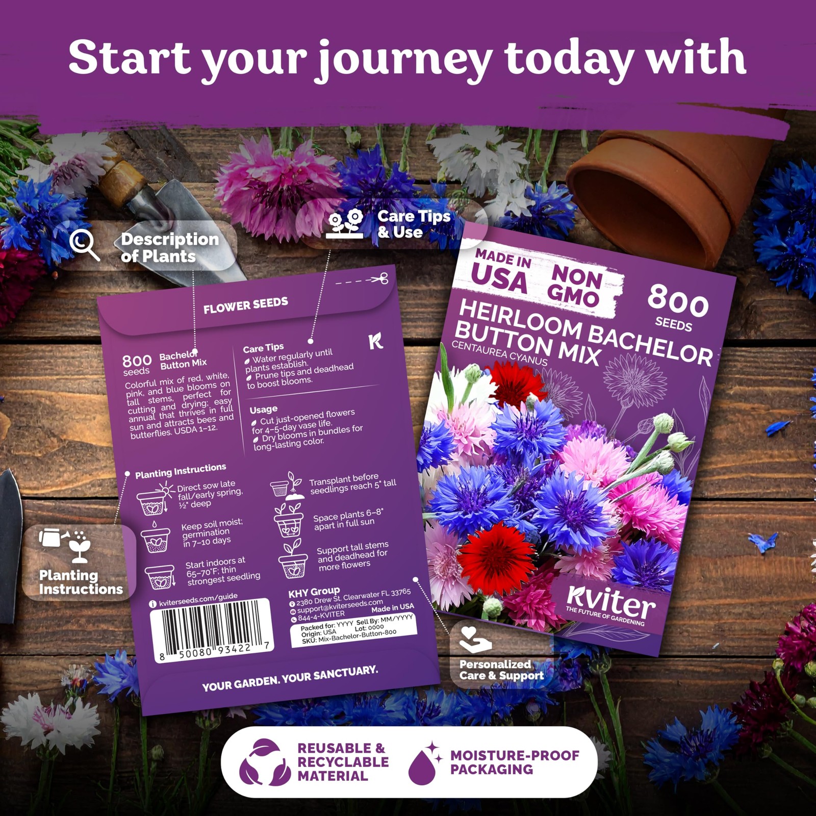 KVITER 800 Mix Bachelor Button Seeds (Centaurea cyanus) – Cornflower Multi