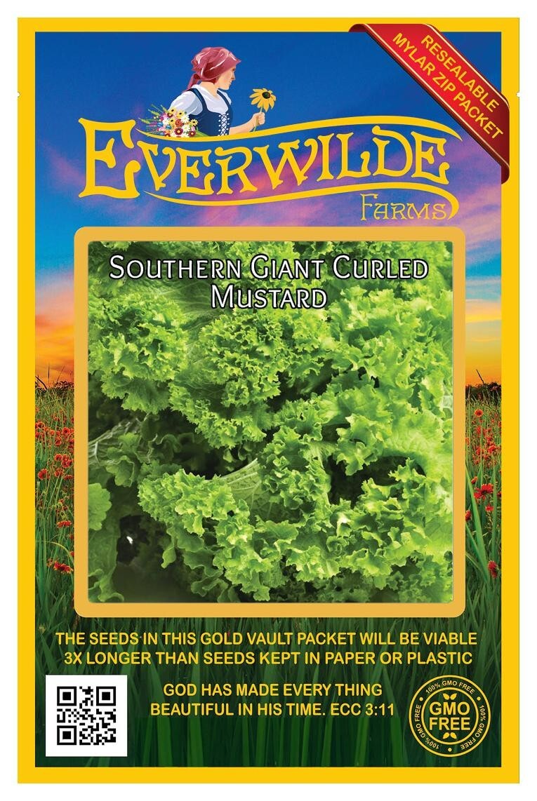 2000 Southern Giant Curled Mustard Seeds – Everwilde Farms Mylar Seed Packet