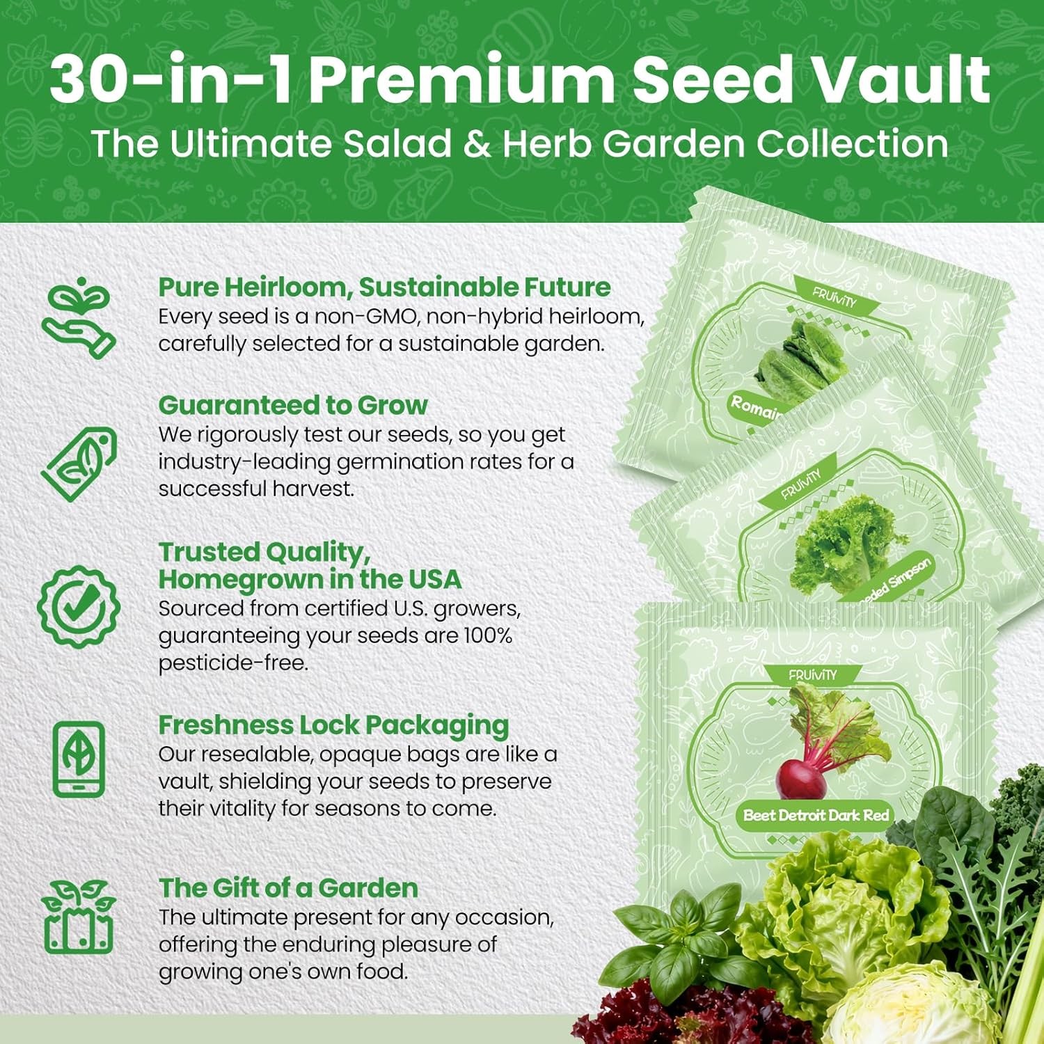 30 Heirloom Seeds Variety Pack – 18500+ Non-GMO Seeds for Planting Vegetables, H