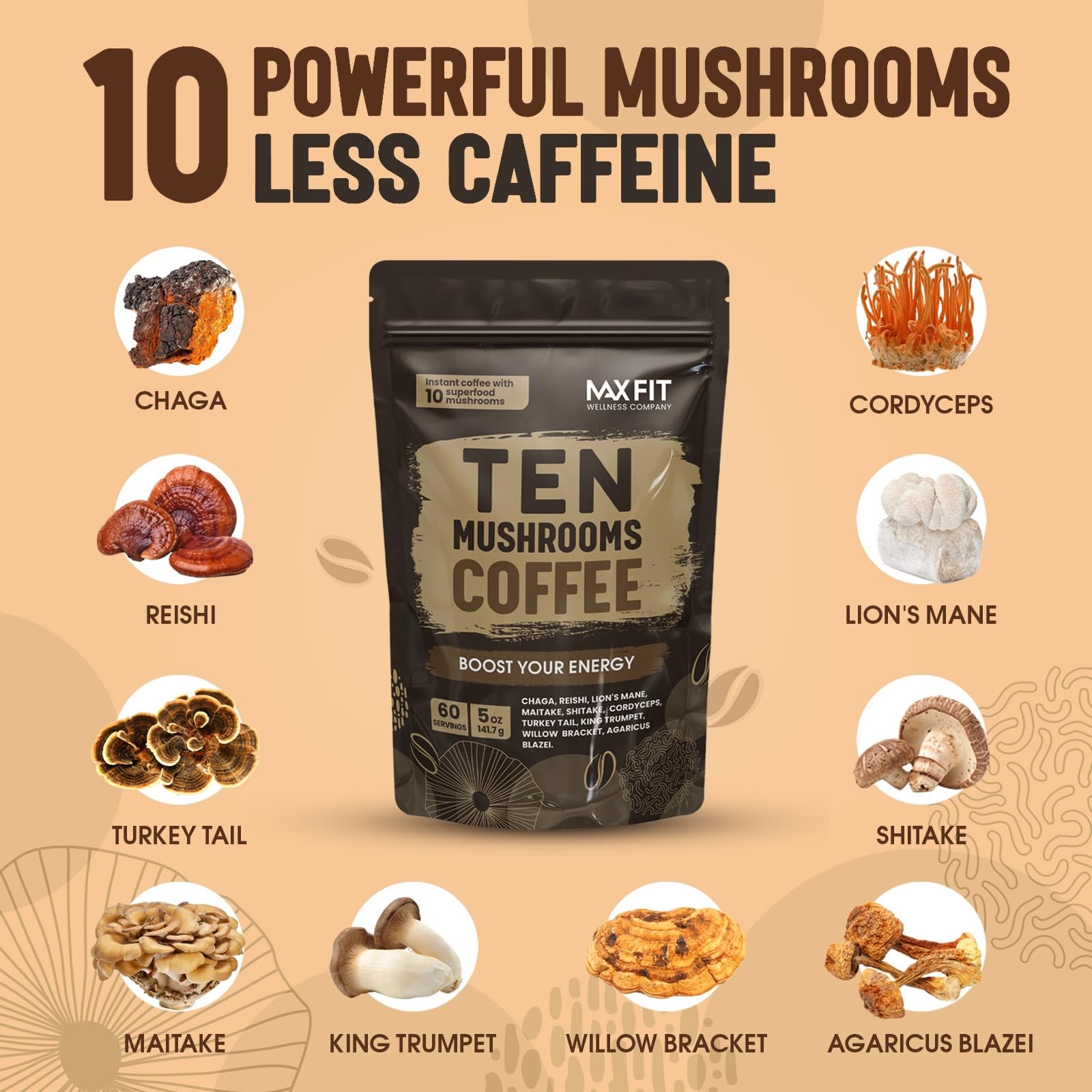 Mushroom Coffee (60 Servings) 10 Mushrooms (Lion’s Mane, 5 Ounce (Pack of 1)