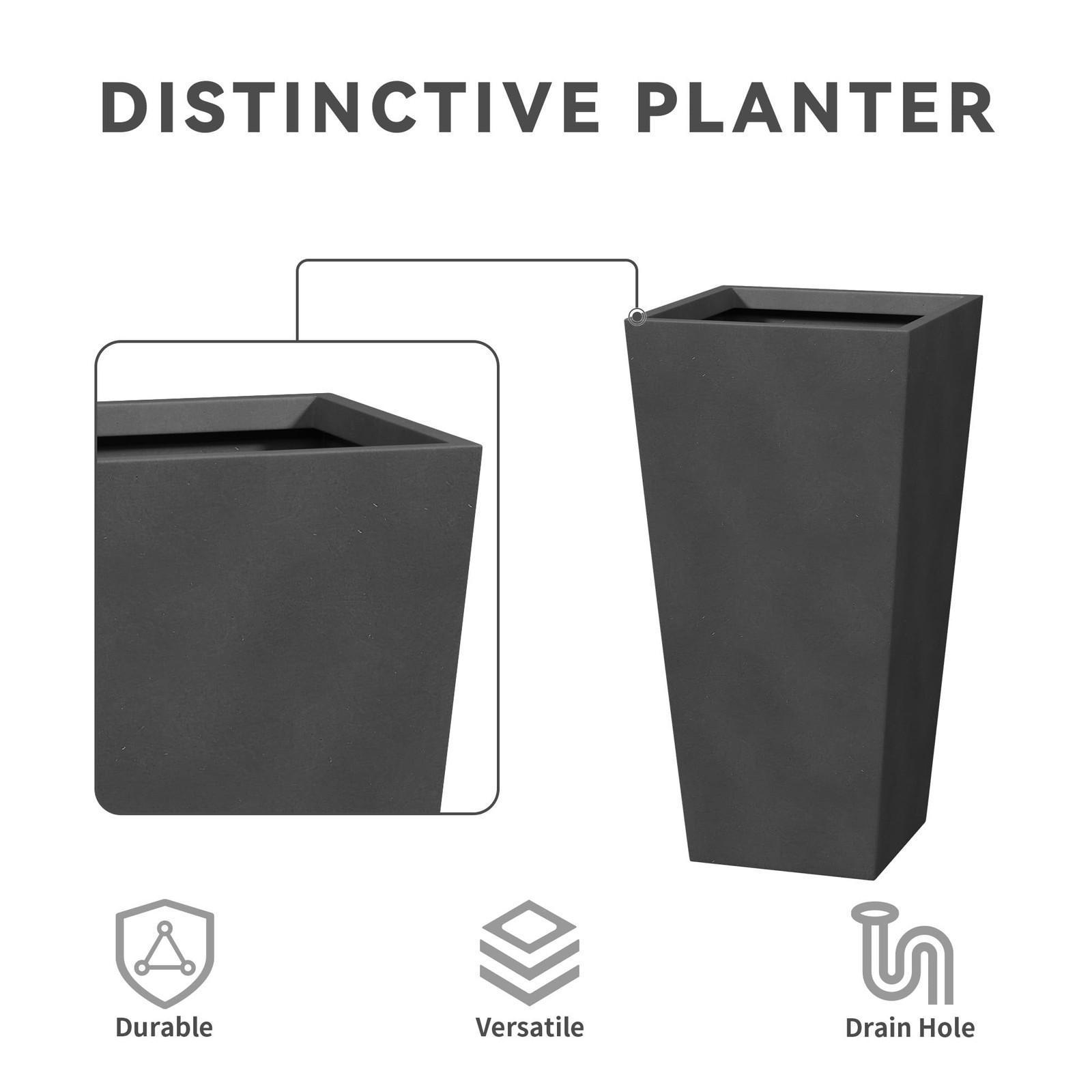Kante 28 Inch Tall Tapered Concrete Planter, Modern Style Large Plant Pot with D