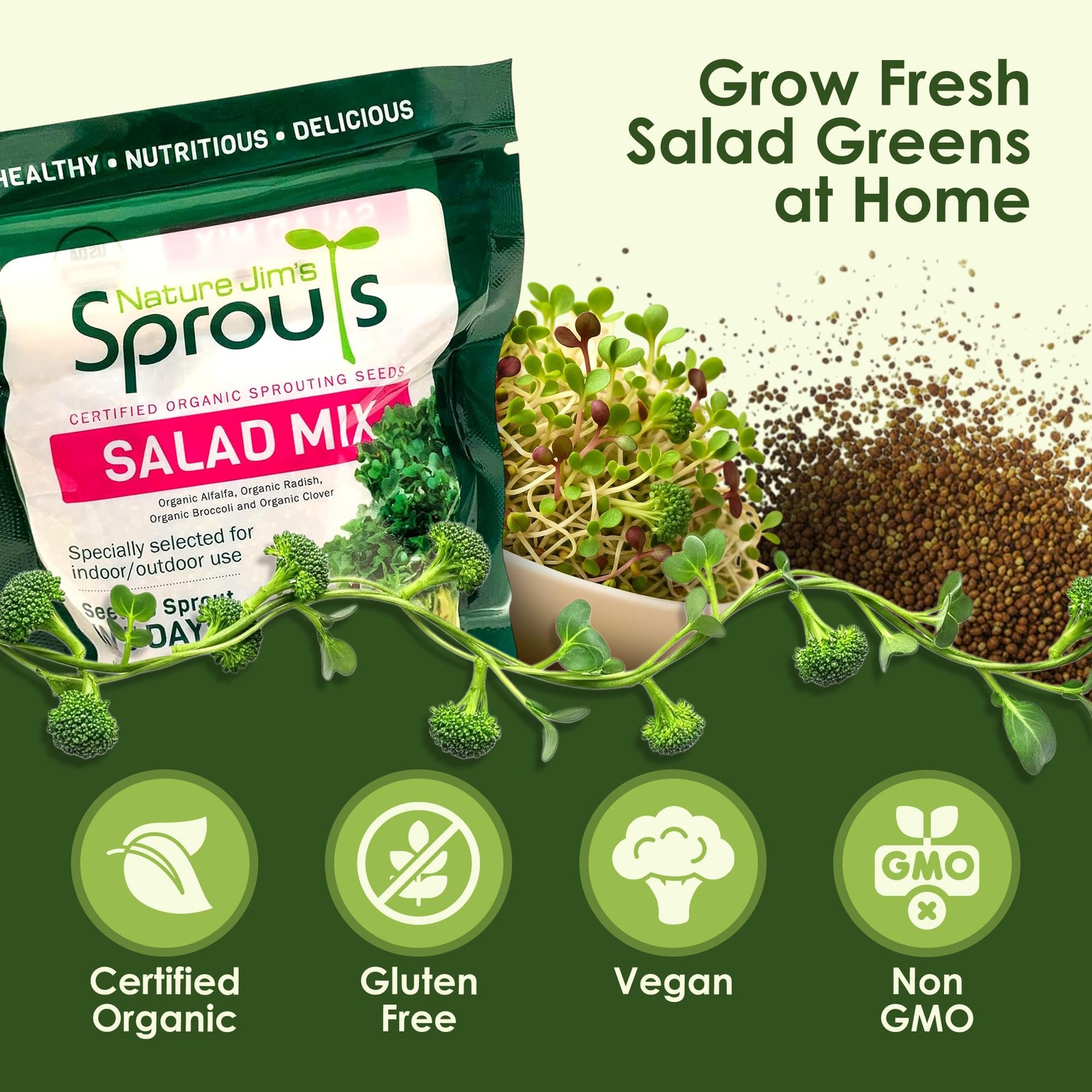 Organic Microgreen Seed Mix – 1lb Non-GMO Broccoli Alfalfa Radish