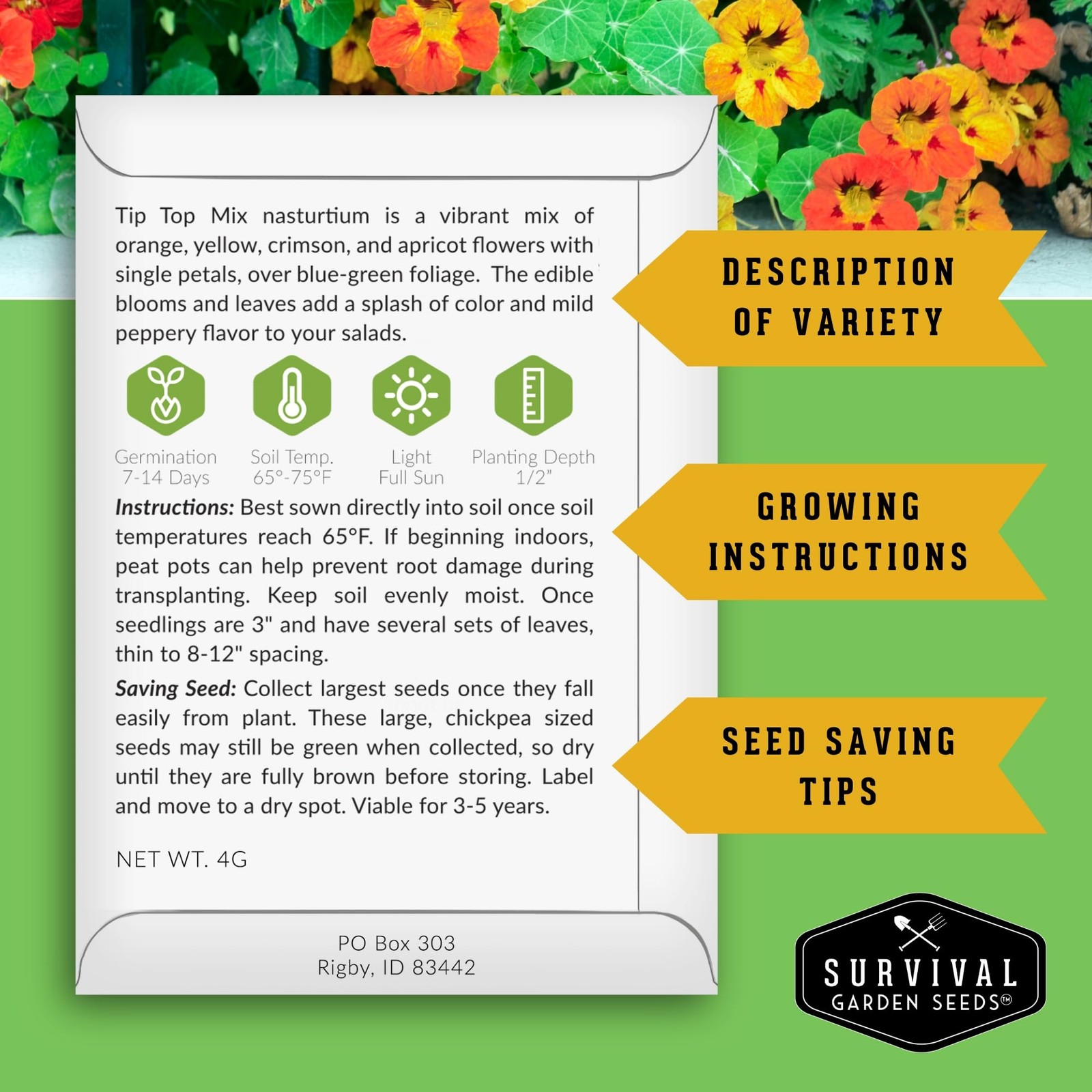 Nasturtium Seeds for Planting Outdoors – Tip Top Mix Heirloom Variety mixed