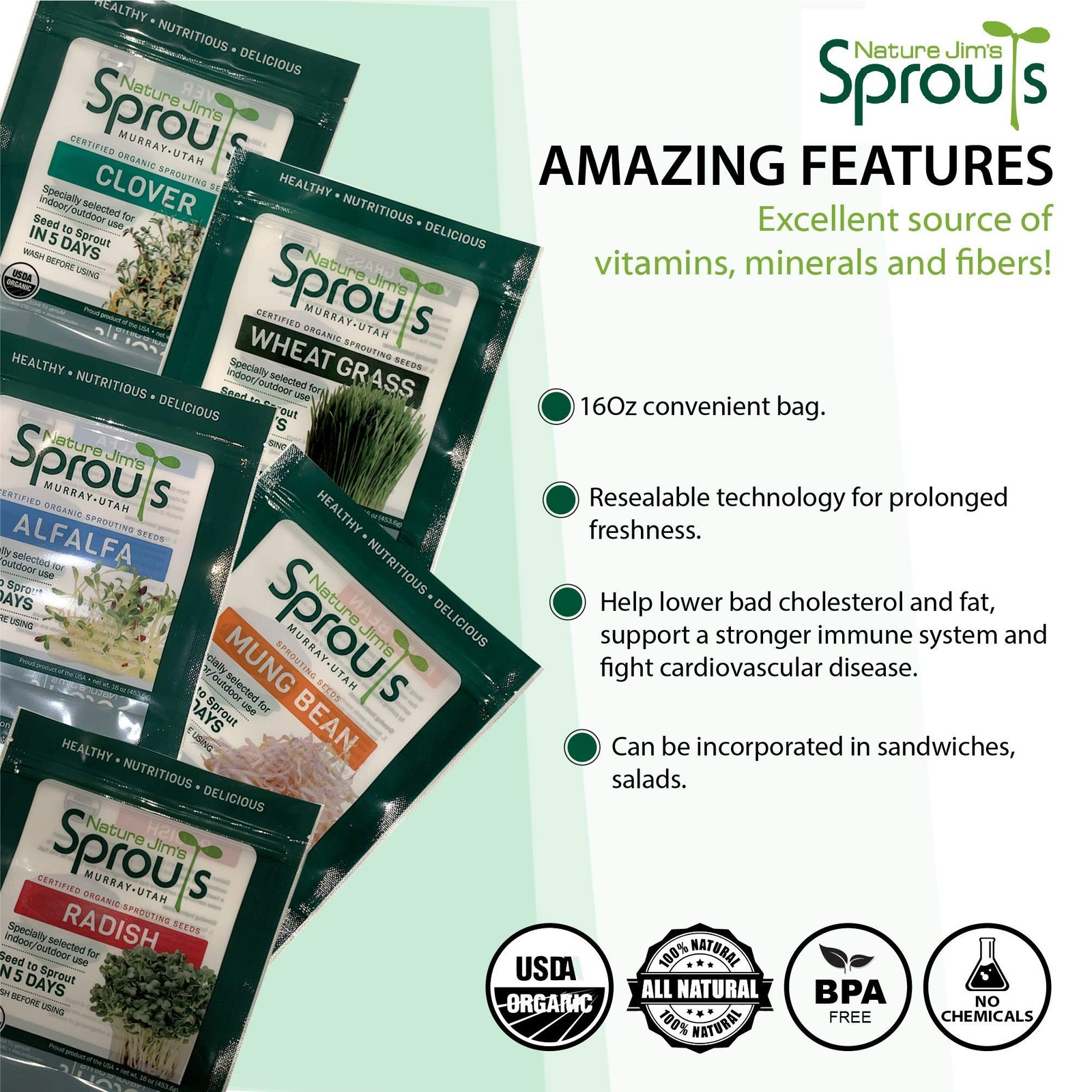 Nature Jims Sprouts alfalfa Seeds – 16 Oz Organic Sprouting Seeds – Non-GMO P…