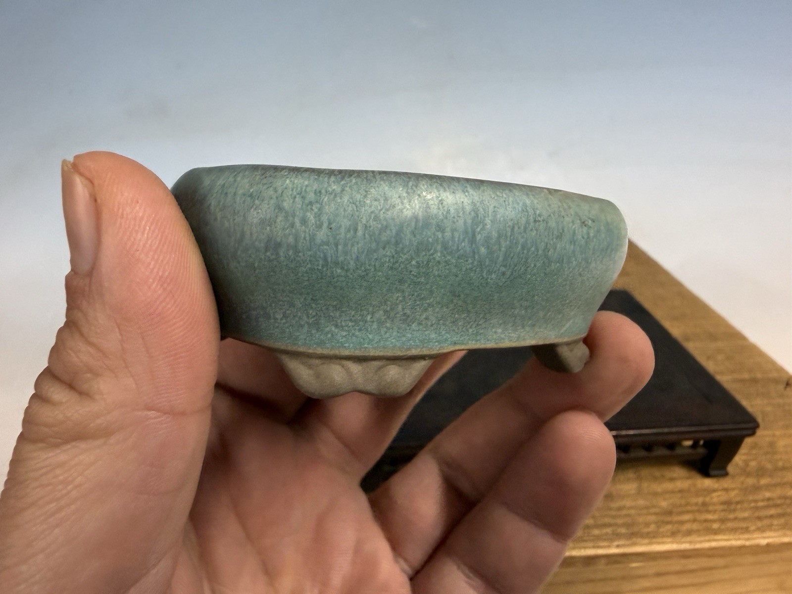 Japanese Unknown Maker Shohin Bonsai Tree Pot 3 1/8” Blue Glazed