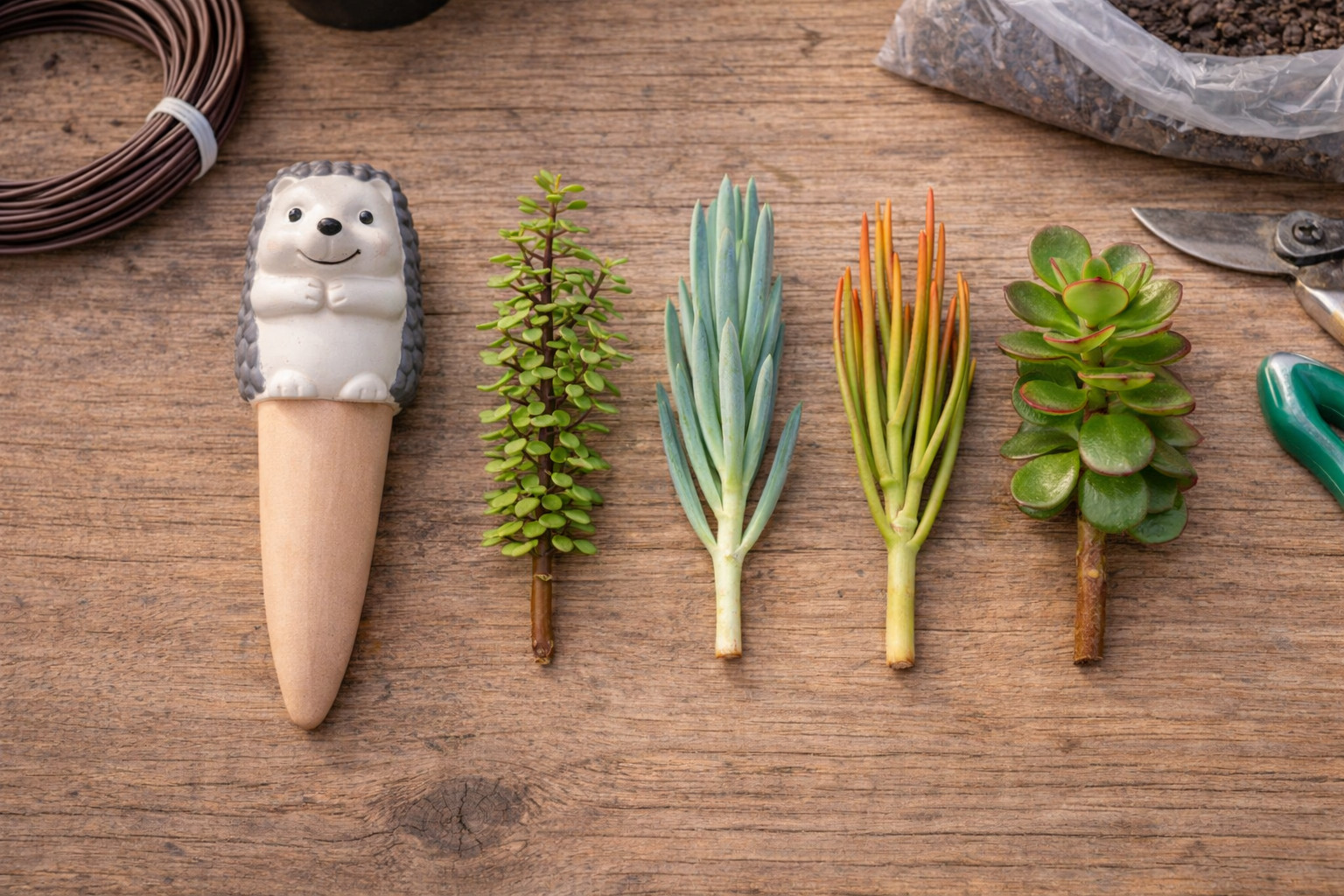 Hedgehog Plant Watering Spike + 4 Succulent Cuttings Jade Firestick Blue Chalk E