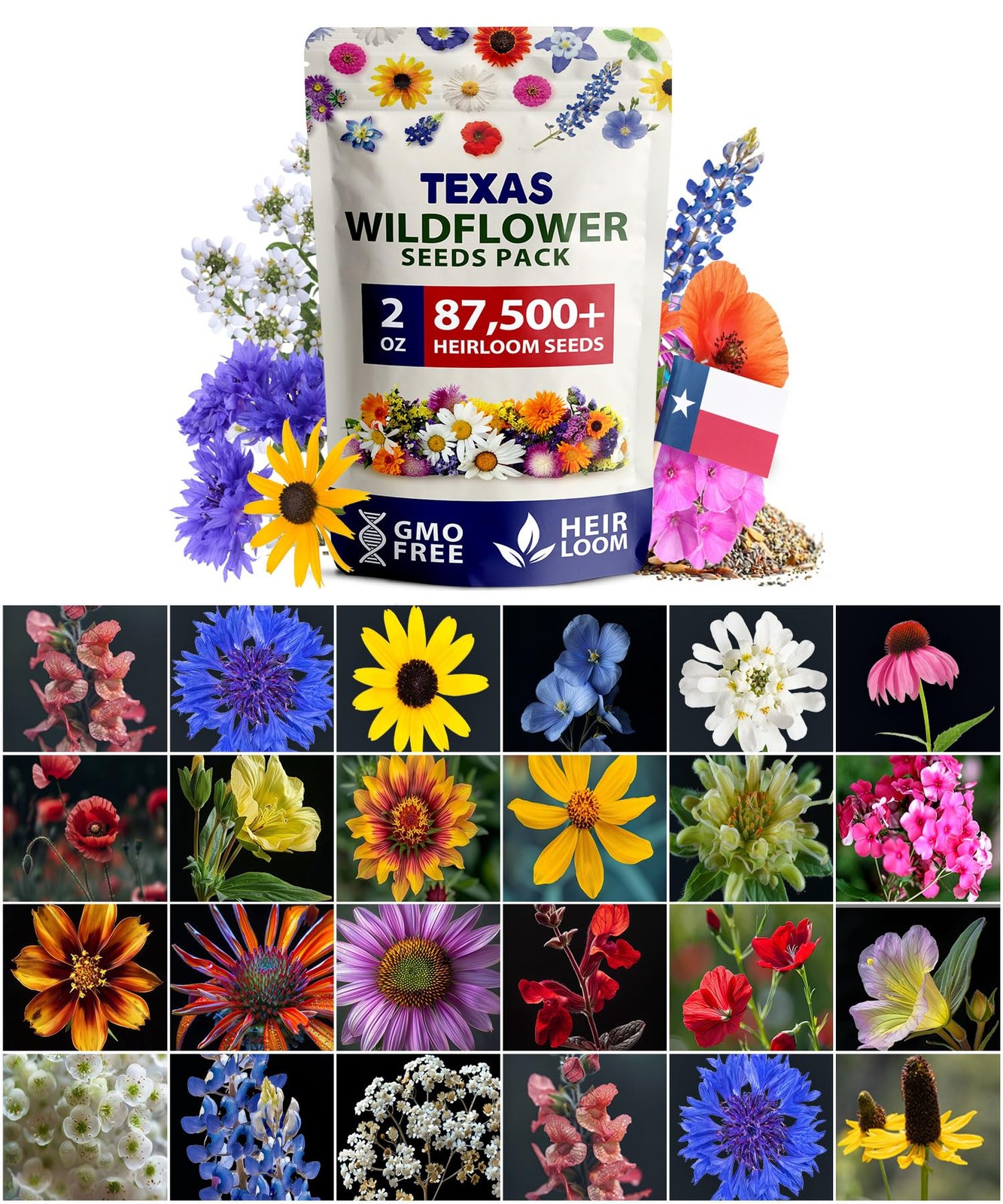 HOME GROWN Texas Wildflower Seeds 87,500+ Non-GMO Perennial 2 oz, Multi