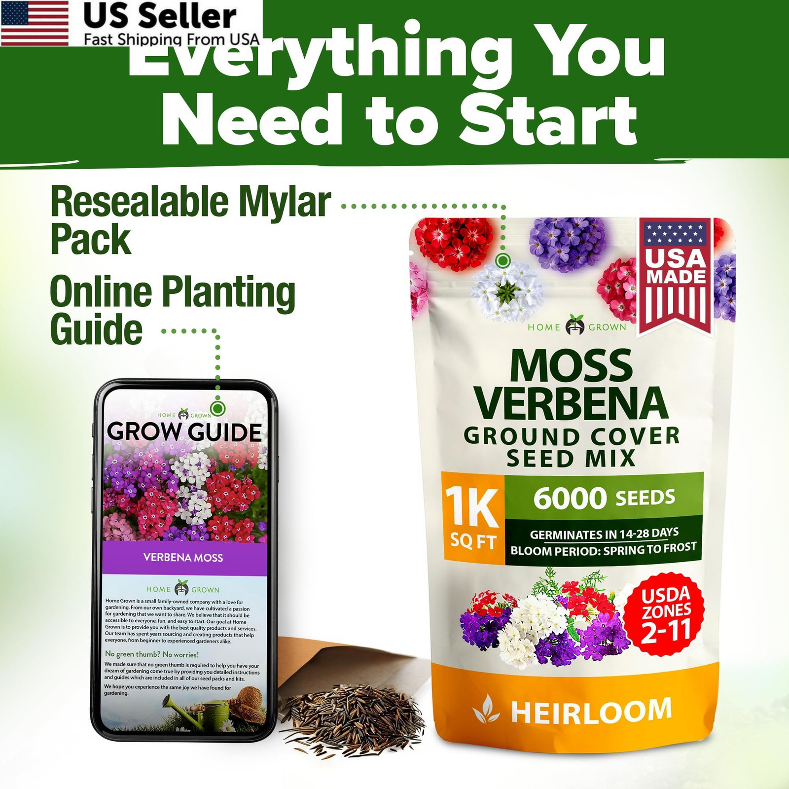 HOME GROWN Verbena Moss Seeds – 6000+ Perennial Flower 1-Pack, Green