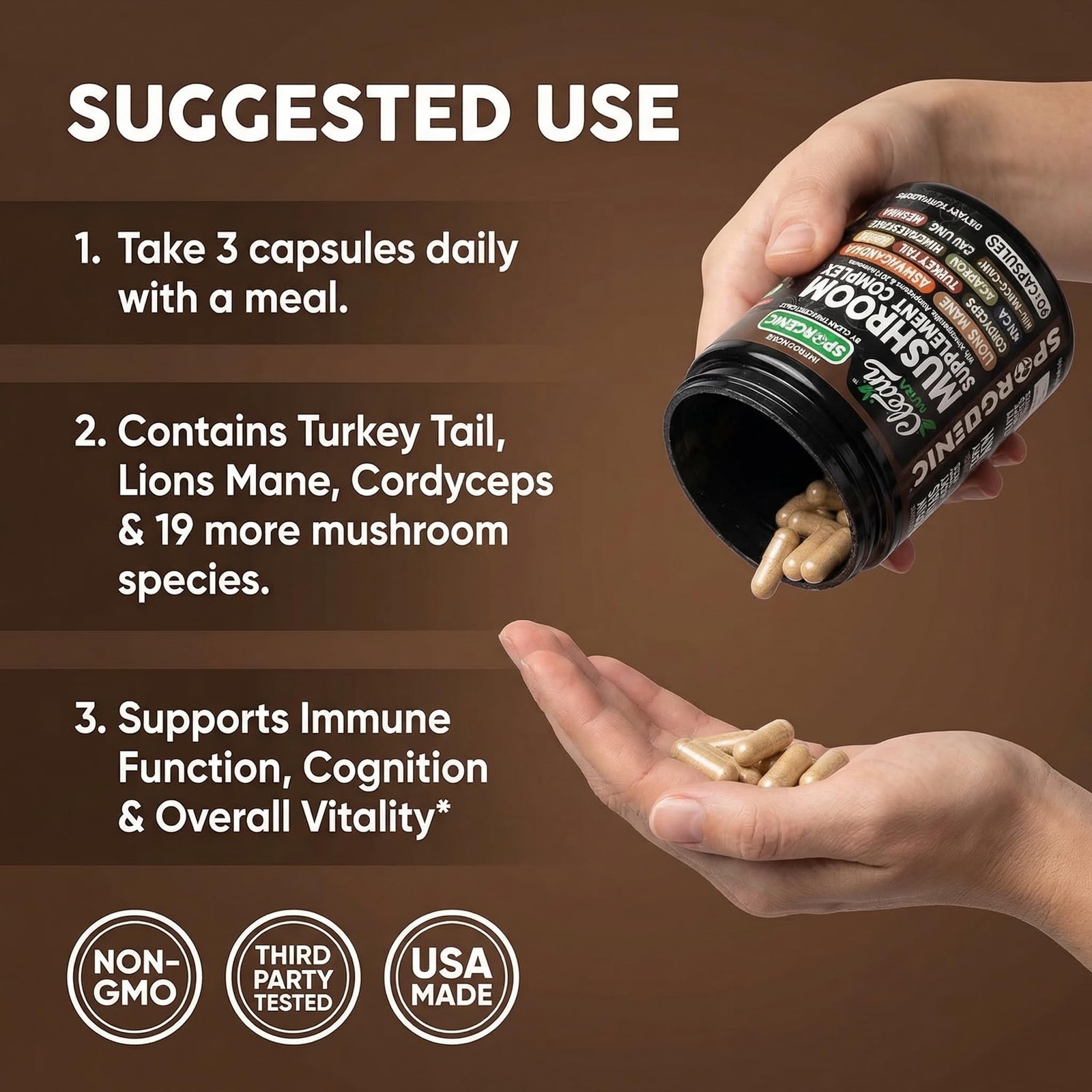 Organic Mushroom Supplement | Ashwagandha 90 Count (Pack of 1), Black/Brown