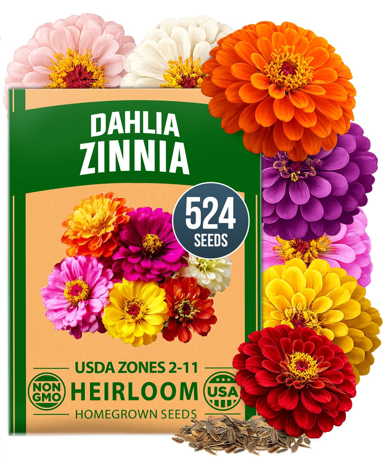 HOME GROWN Zinnia Dahlia Seeds Pack for 2026 Non GMO 524 Flower Seeds Vibrant