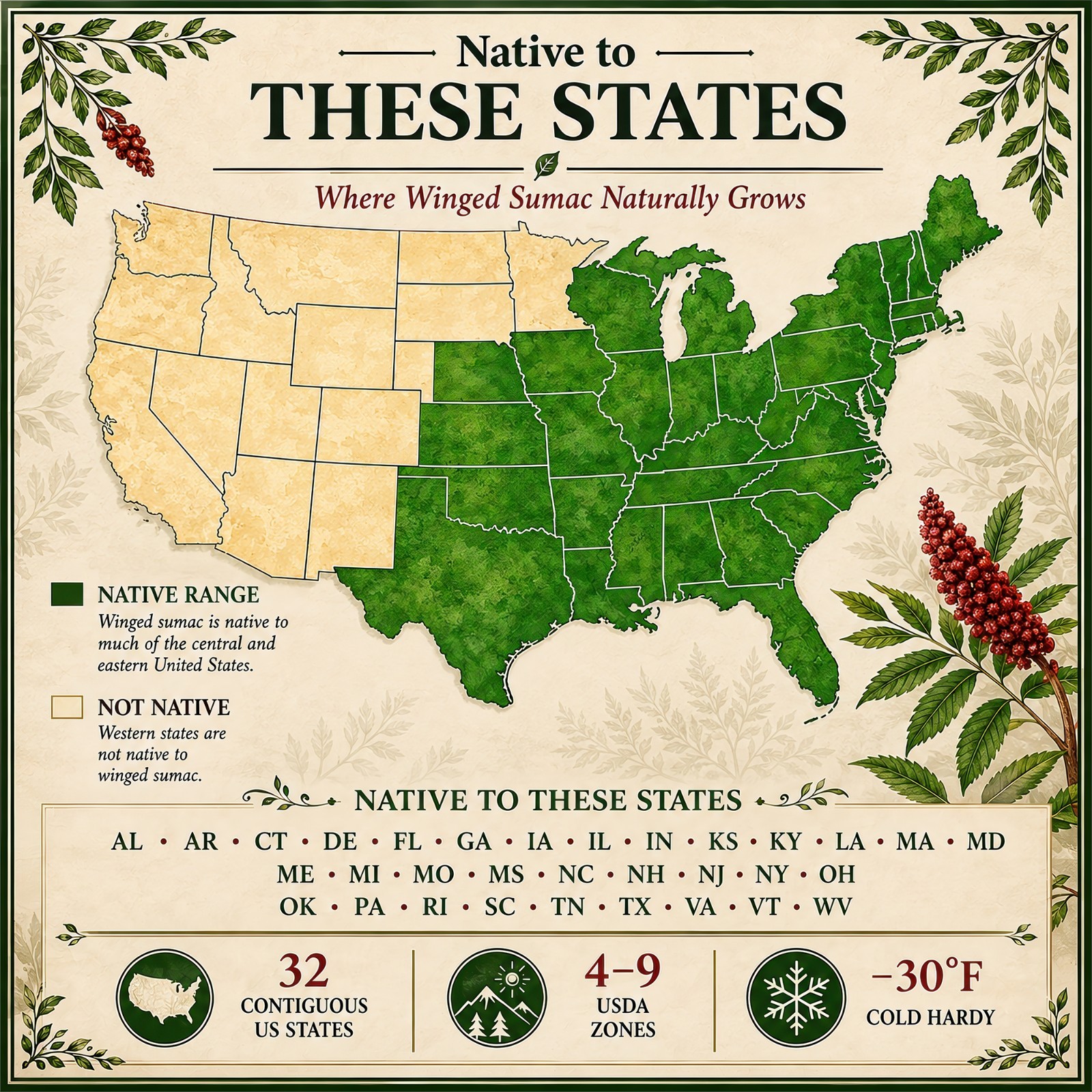 500 Flameleaf Sumac Tree Seeds (Rhus copallinum) Winged Sumac – Zones 4-9 USA