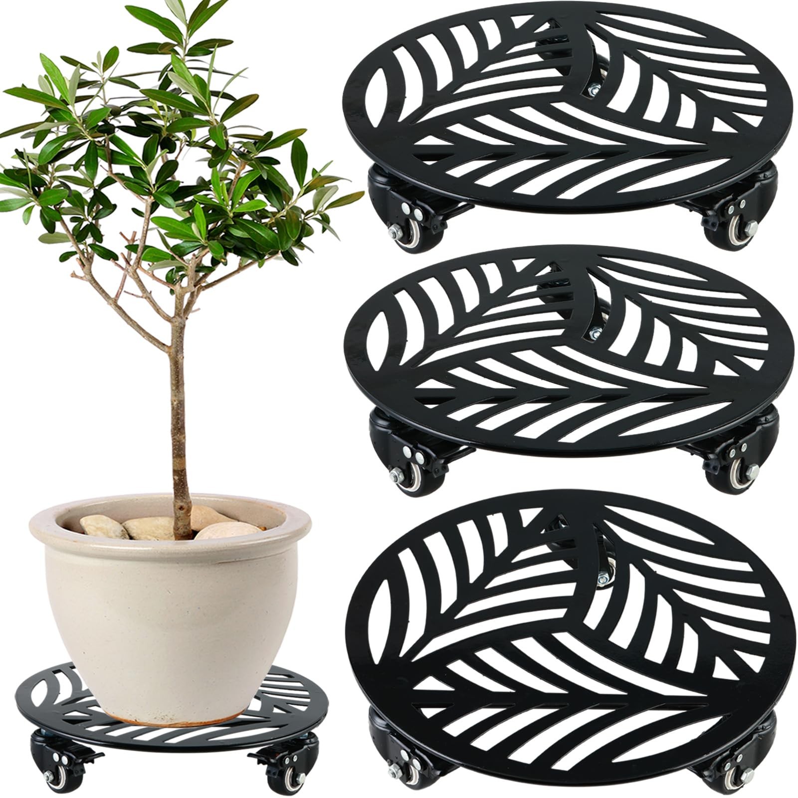 3x 12″ Metal Plant Caddy w/ 3 PU Wheels Heavy-Duty Wrought Iron Dolly Stand