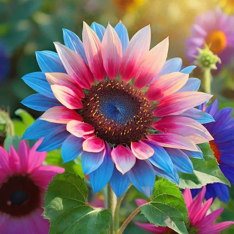 50pcs Twin-Blossom Blue Over Pink Sunflower Seeds – Rare Two-Tone Petals.
