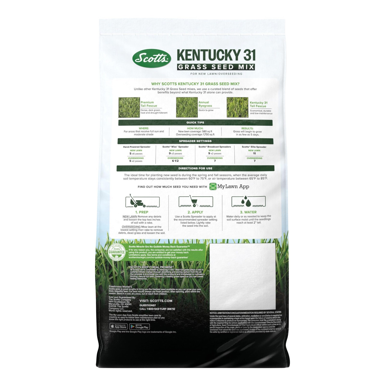Kentucky 31 Grass Seed Mix for New Lawns & Overseeding, Thick & Green Growth, Co