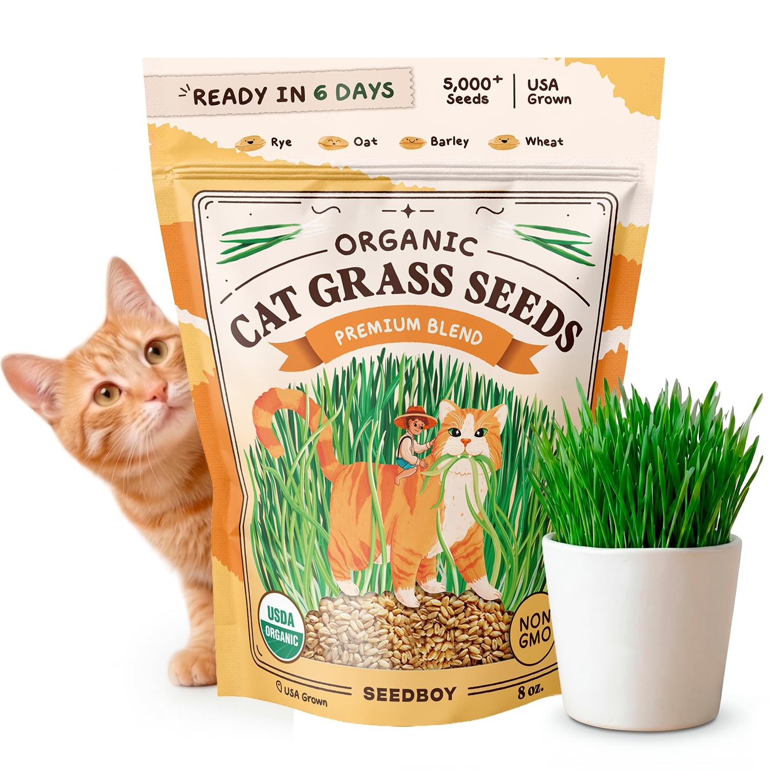 Seedboy Organic Cat Grass Seeds for Planting, NonGMO Wheat, Oat, Rye, and Bar…