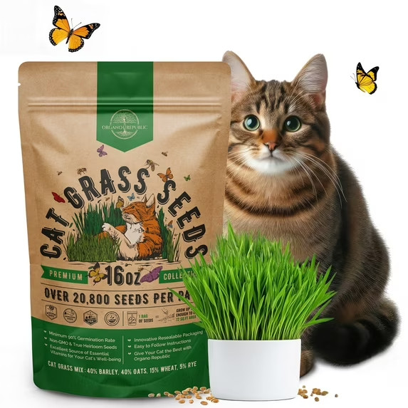 Cat Grass Seeds Mix – 20,800 Non-GMO Heirloom Seeds for Cats & Pets, 16 oz
