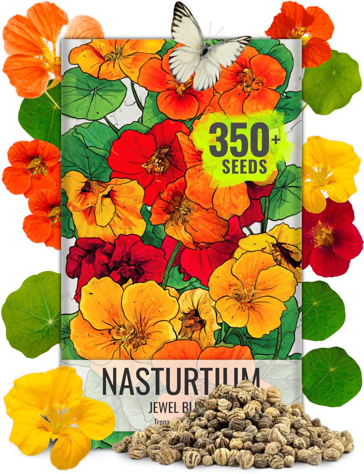 Nasturtium Seeds Jewel Mix – 350+ Multicolored Edible Flower Seeds, 1.5 Ounce