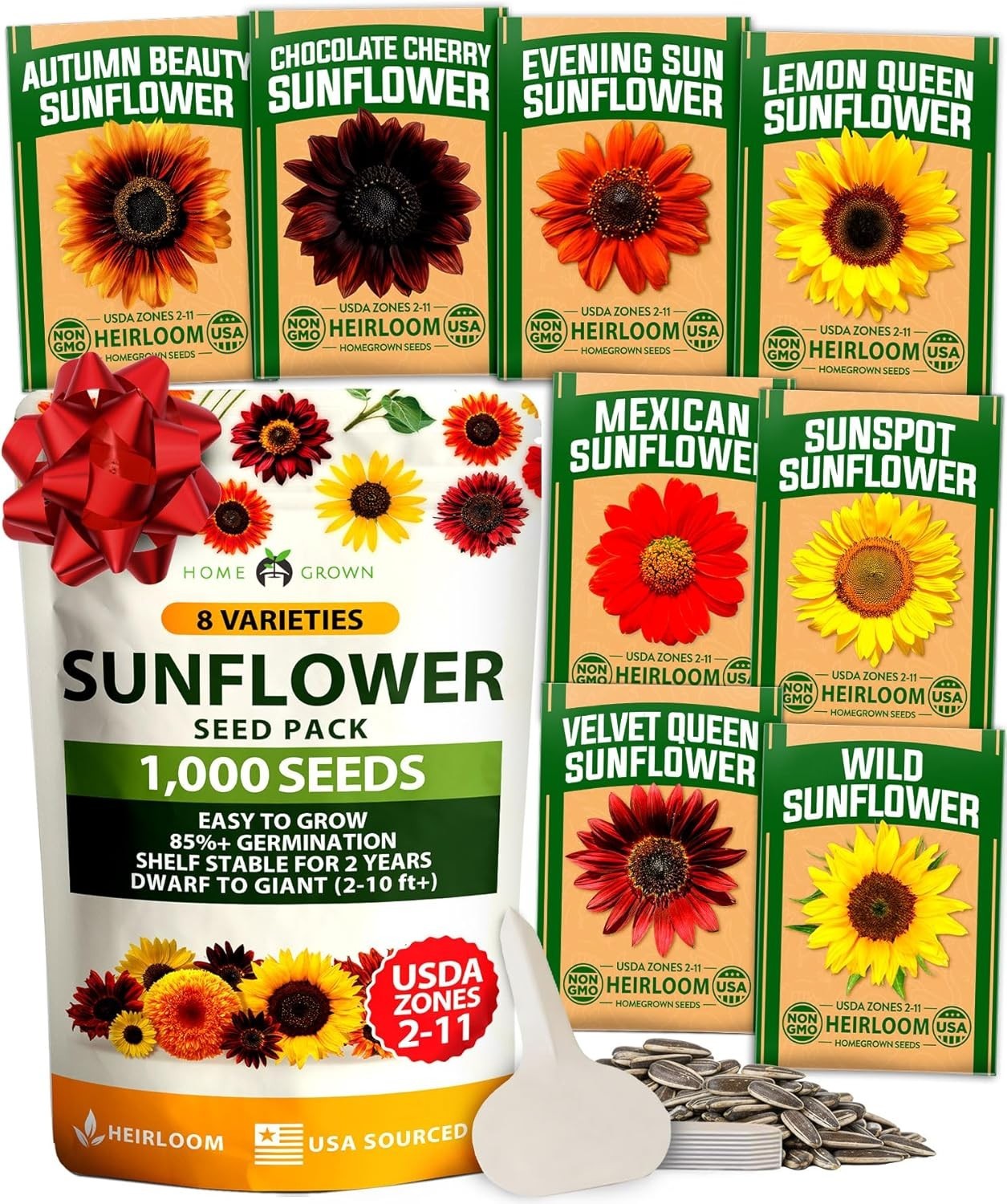 8 Varieties Sunflower Seeds Pack 1000+ Non-GMO for Garden, Indoor & Outdoor