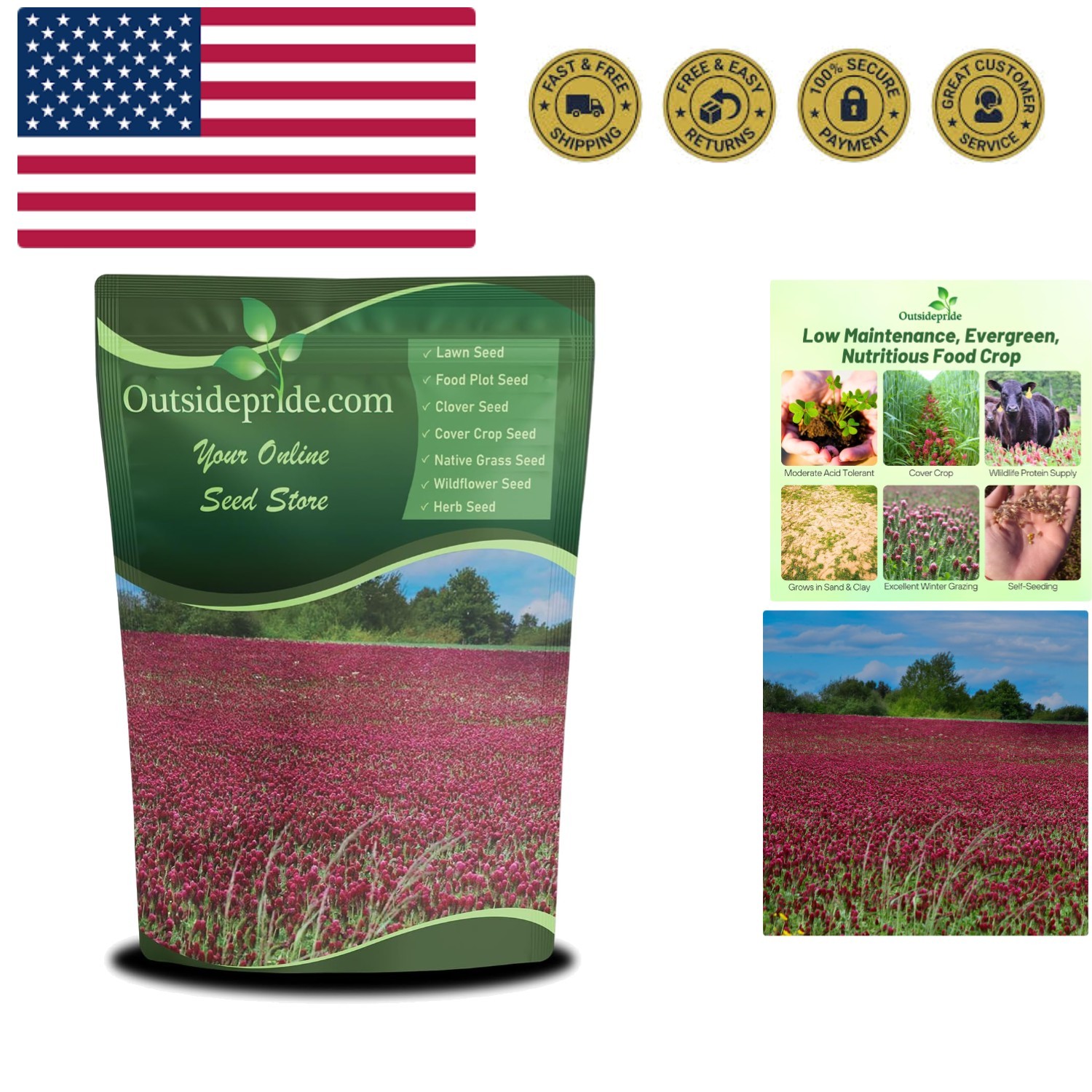 Crimson Clover Seeds – 10 lbs. Annual, Nitrocoated, & Inoculated Ground Cover…