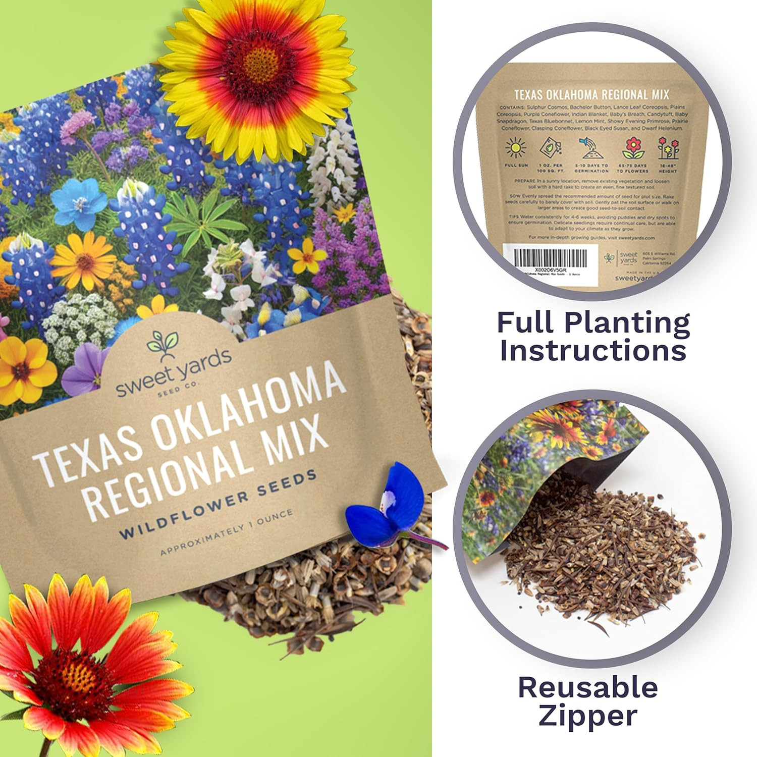 Texas Oklahoma Wildflower Seeds Mixture – Bulk 1 Ounce Packet – over 15,000