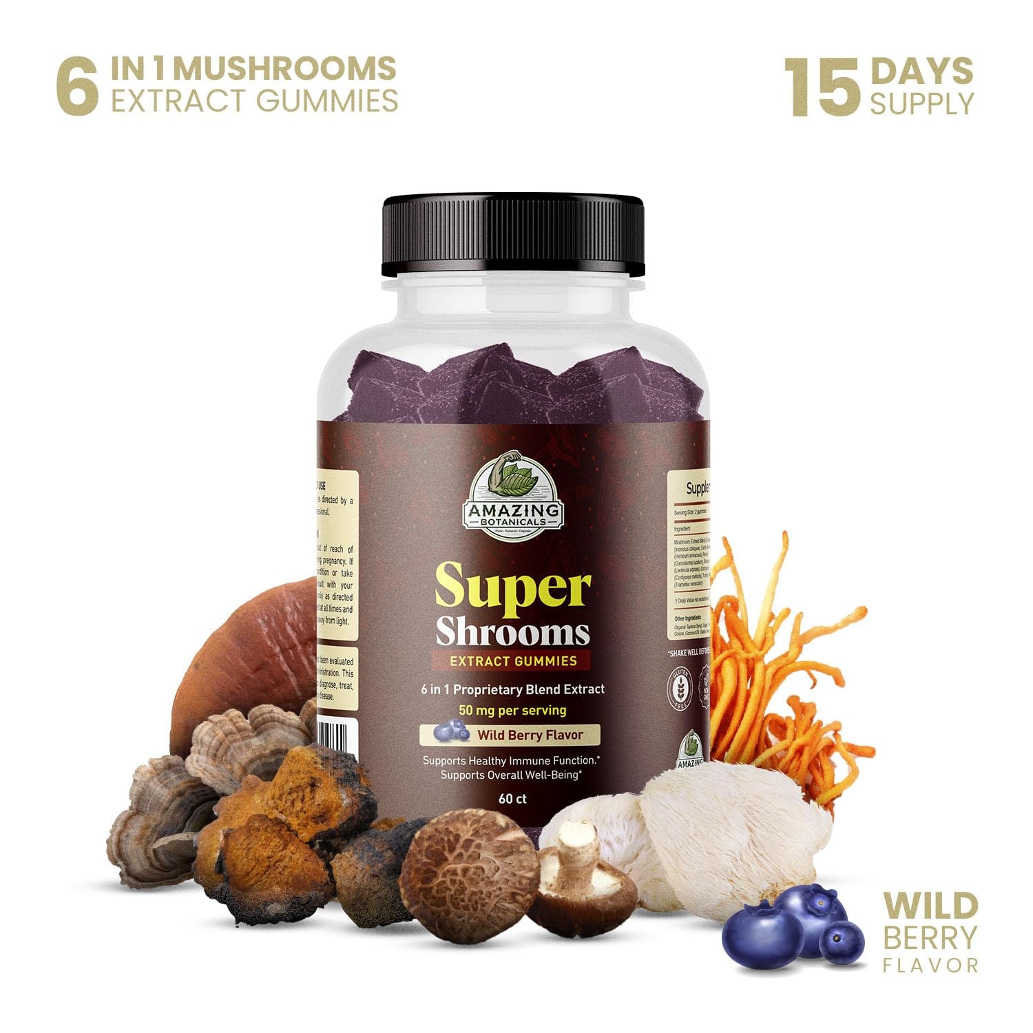 Super Shrooms 6 in 1 Organic Mushroom Wellness Gummies – 60 Count (Pack of 1)