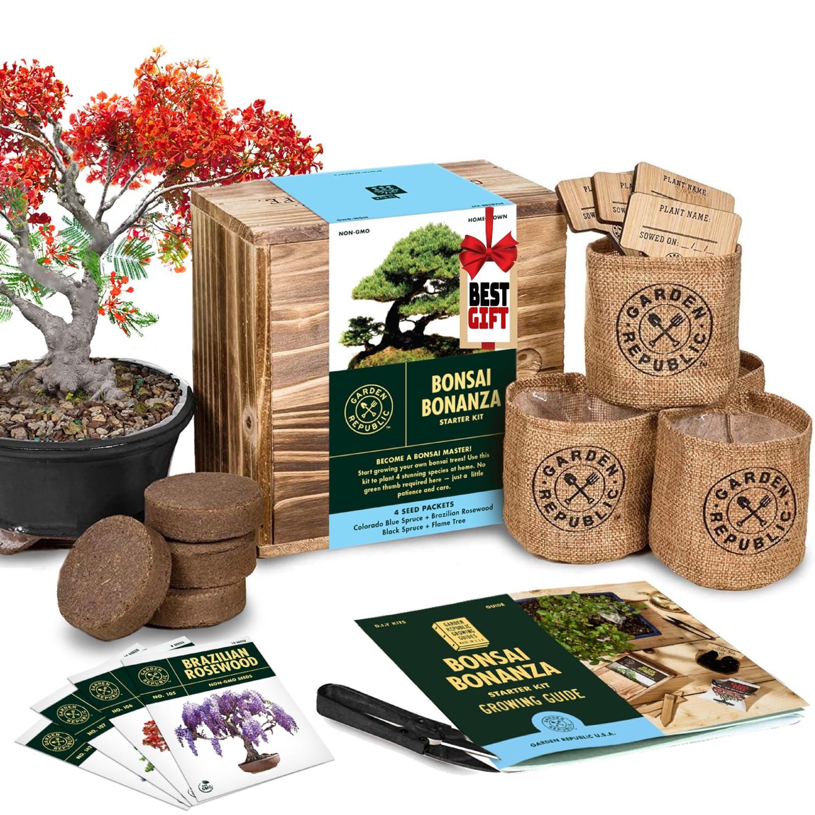 Bonsai Tree Kit with Seeds, Soil, Jute Bags, Shears, and Plant Markers