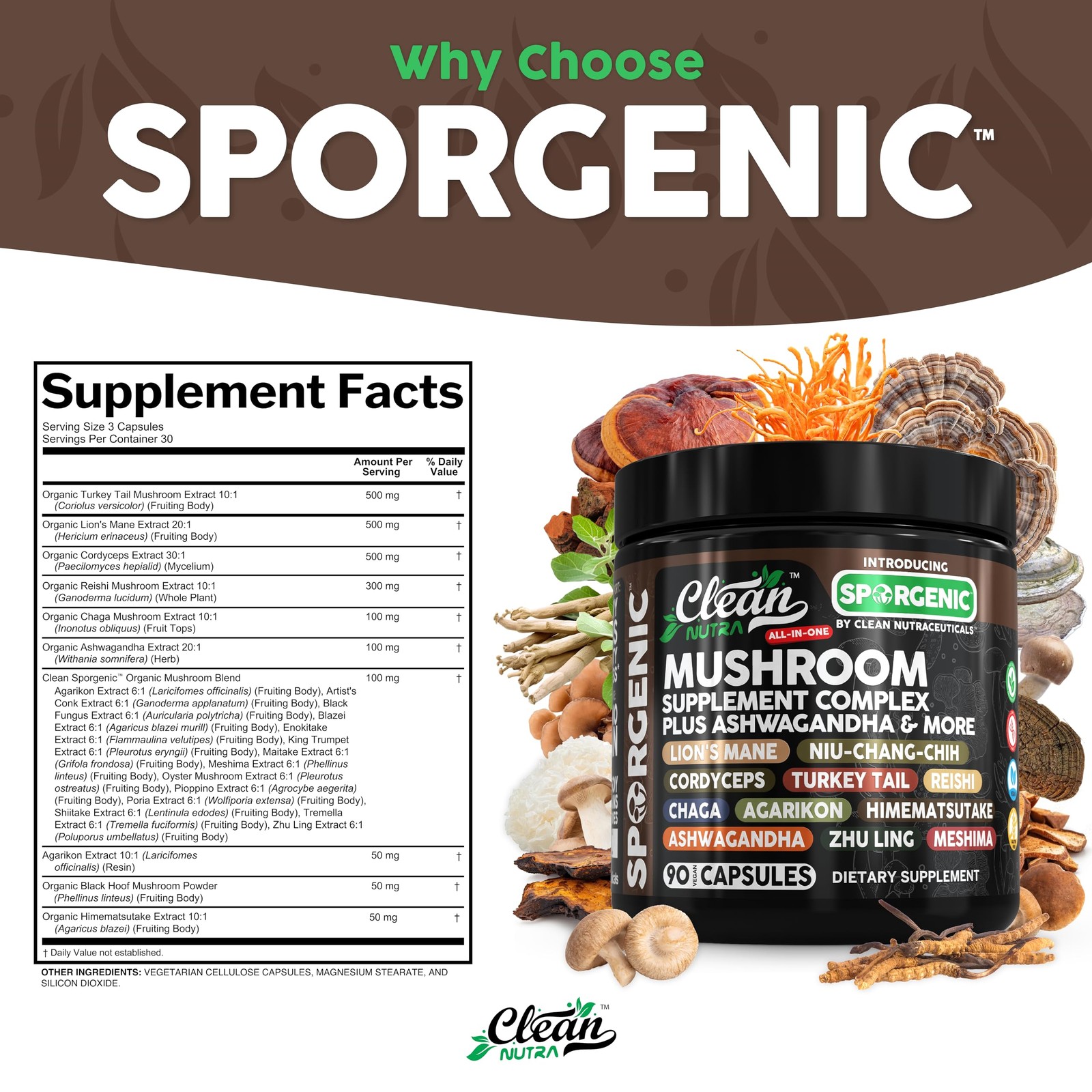 Organic Mushroom Supplement | Ashwagandha 90 Count (Pack of 1), Black/Brown