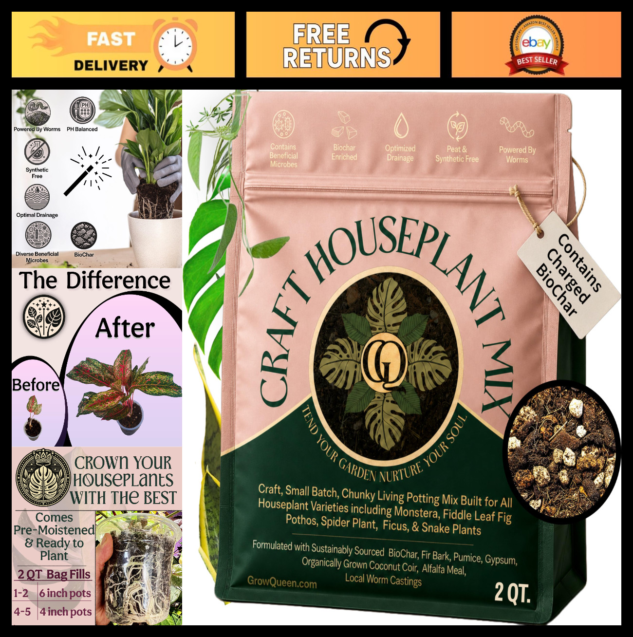 Organic Potting Mix for Indoor Plants – Well Draining, Chunky Soil, Peat Free, 2