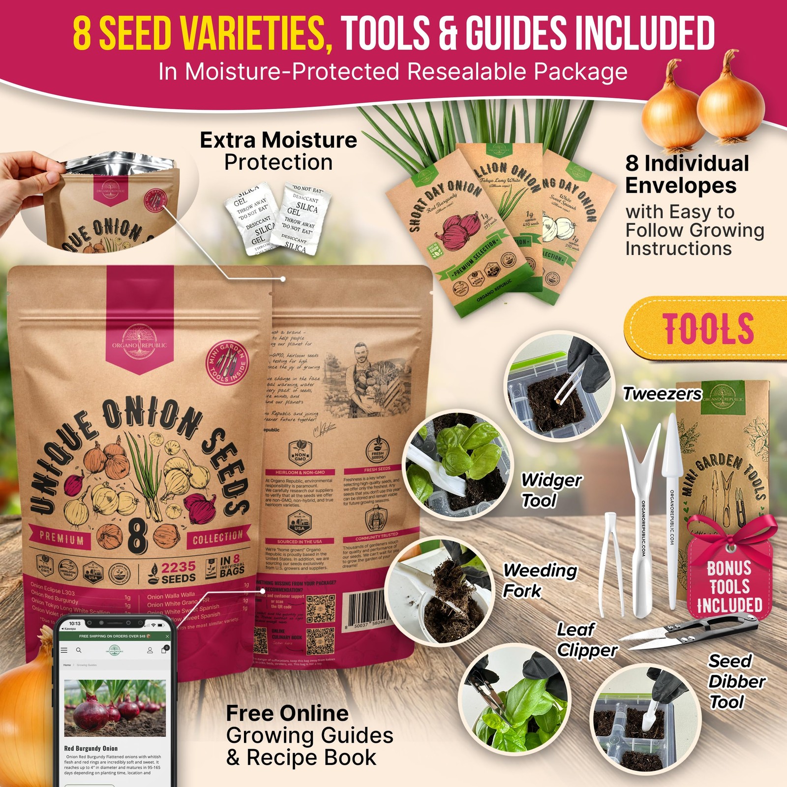 Organo Republic 8 Onion Seeds Variety Pack Green, Red, White, Yellow