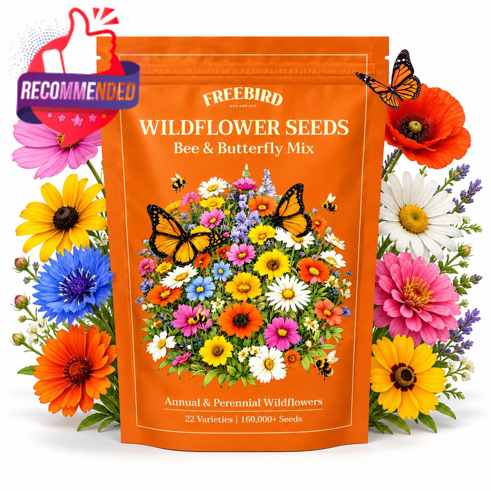 Wildflower Seeds for Bees & Butterflies – 22 Variety Pollinator Mix Multicolor