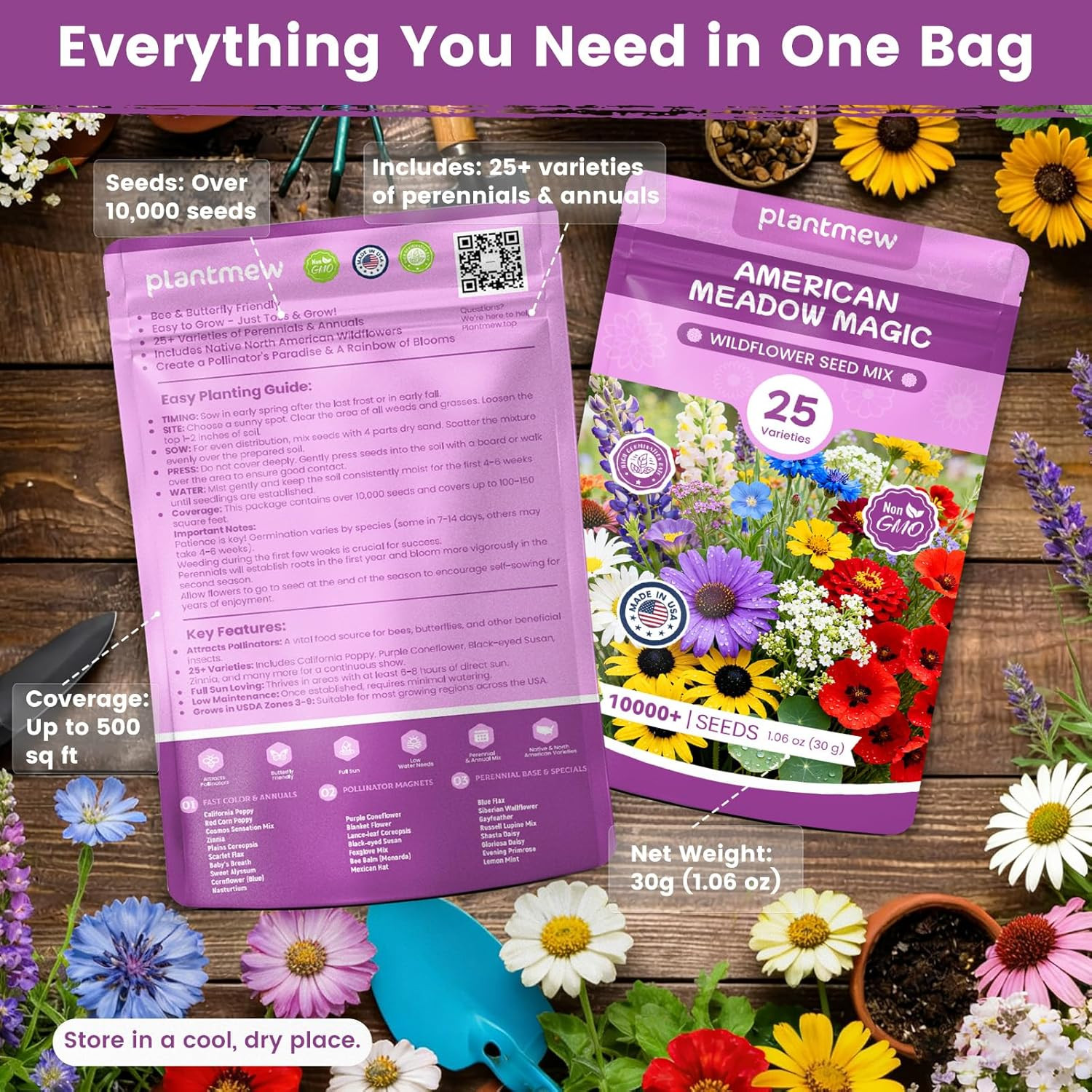Wildflower Seeds Bulk Mix – 10,000+ Perennial & Annual Seeds – Texas, California