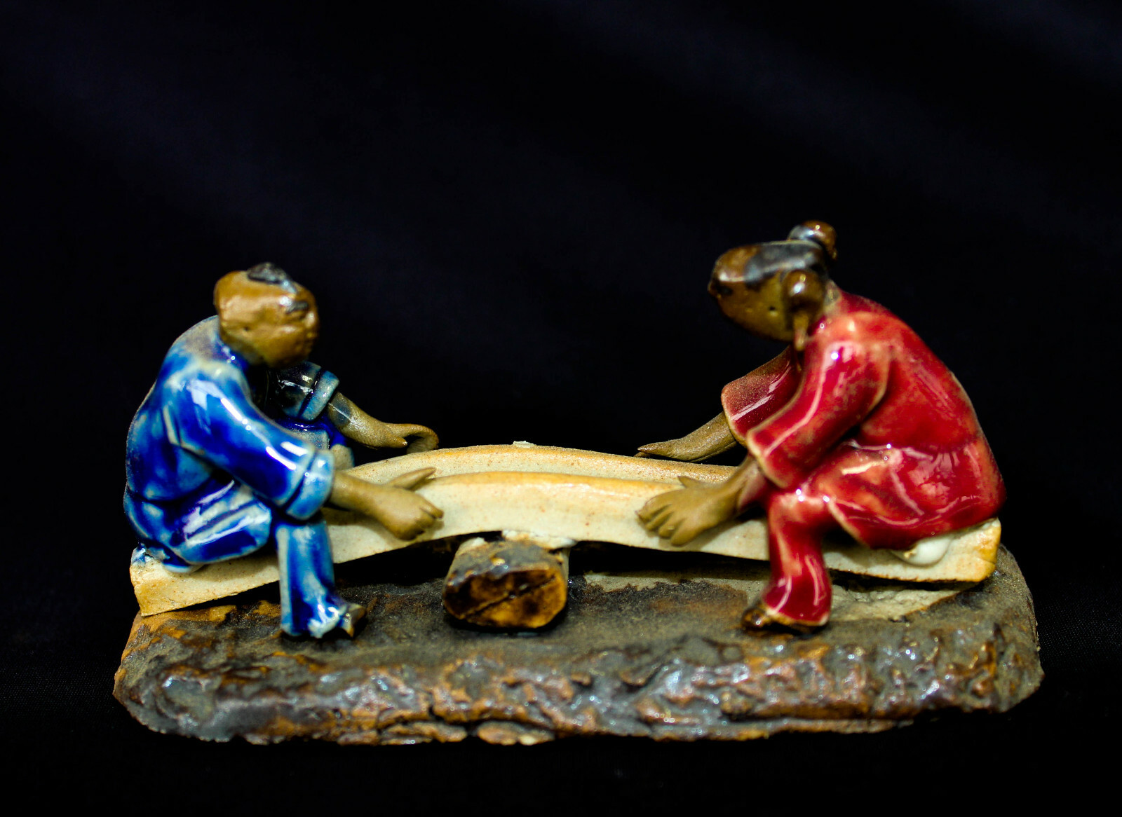 4″L x 2″H Two Men Sitting On Seesaw Mudmen Bonsai Figurine