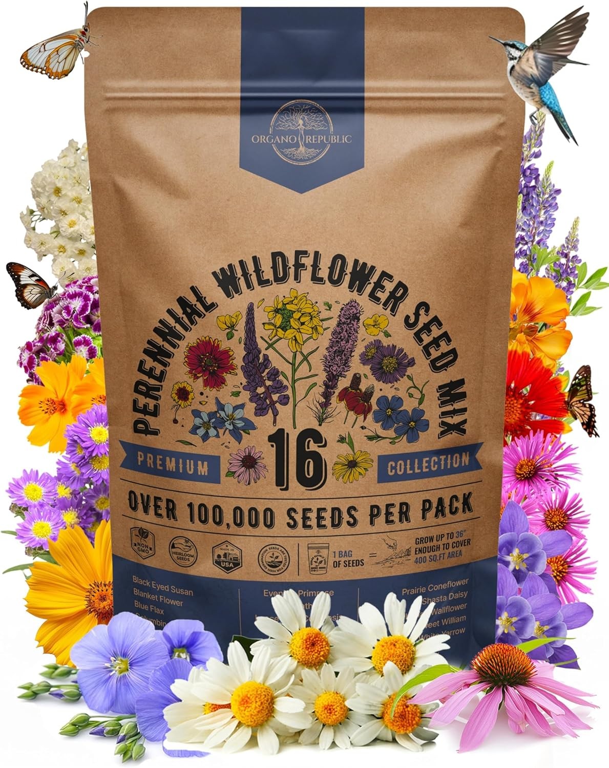 Organo Republic 16 Perennial Wildflower Seeds Mix Red, Orange, Purple, Pink