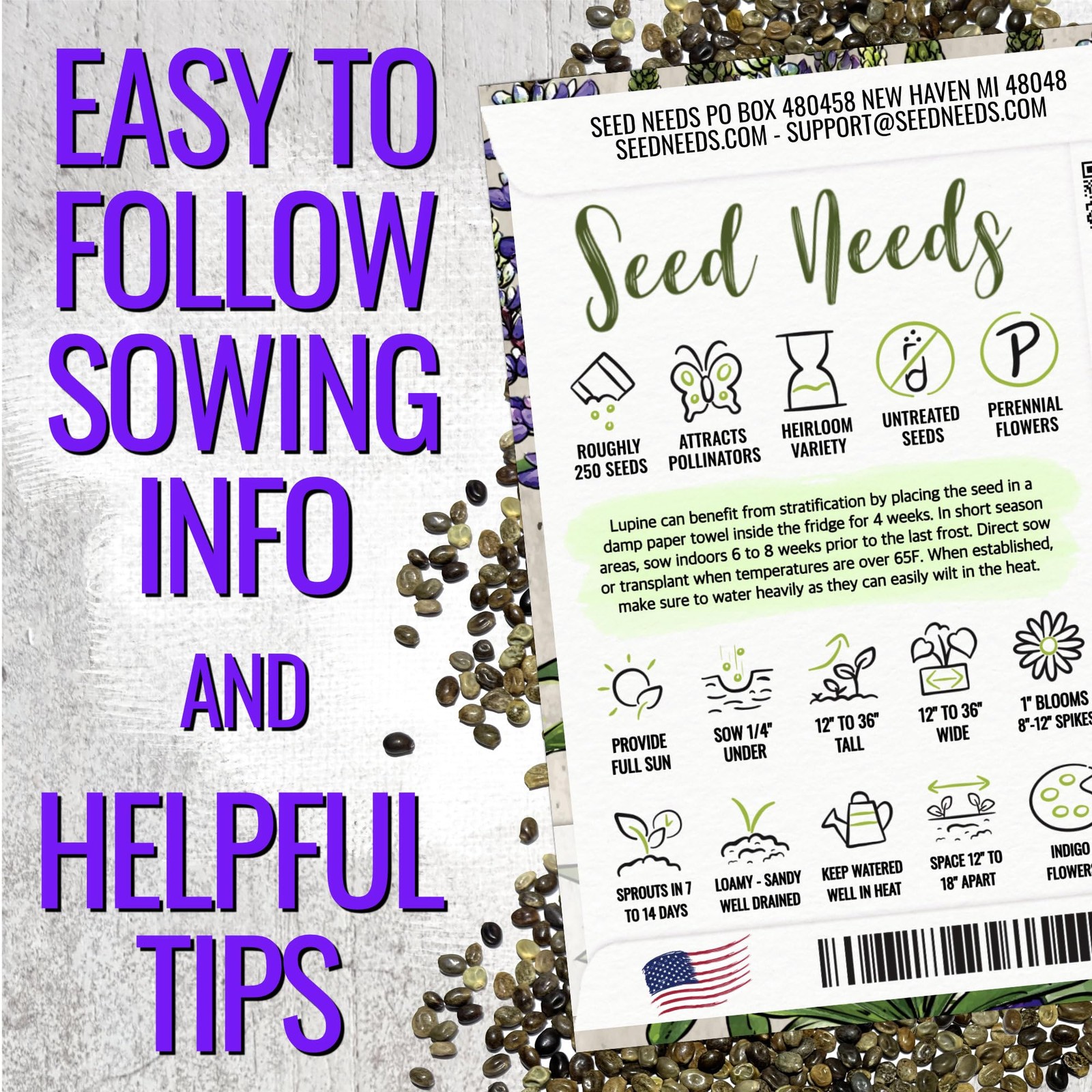 Seed Needs Wild Perennial Lupine Seeds for 1 Pack (250 Seeds), Indigo