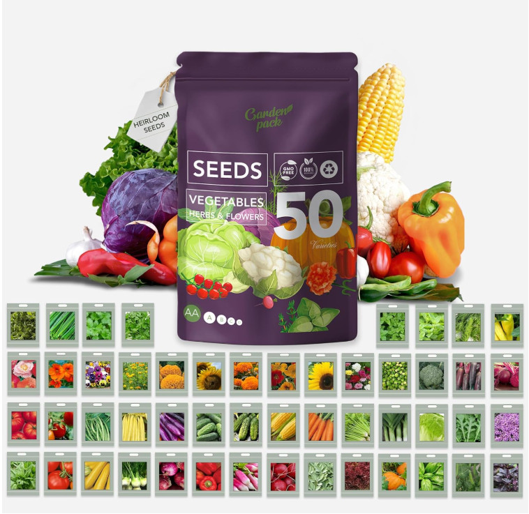 Garden Seeds Pack – 50 Varieties of Herb, Flower & Vegetable, 25,000 Non-GMO