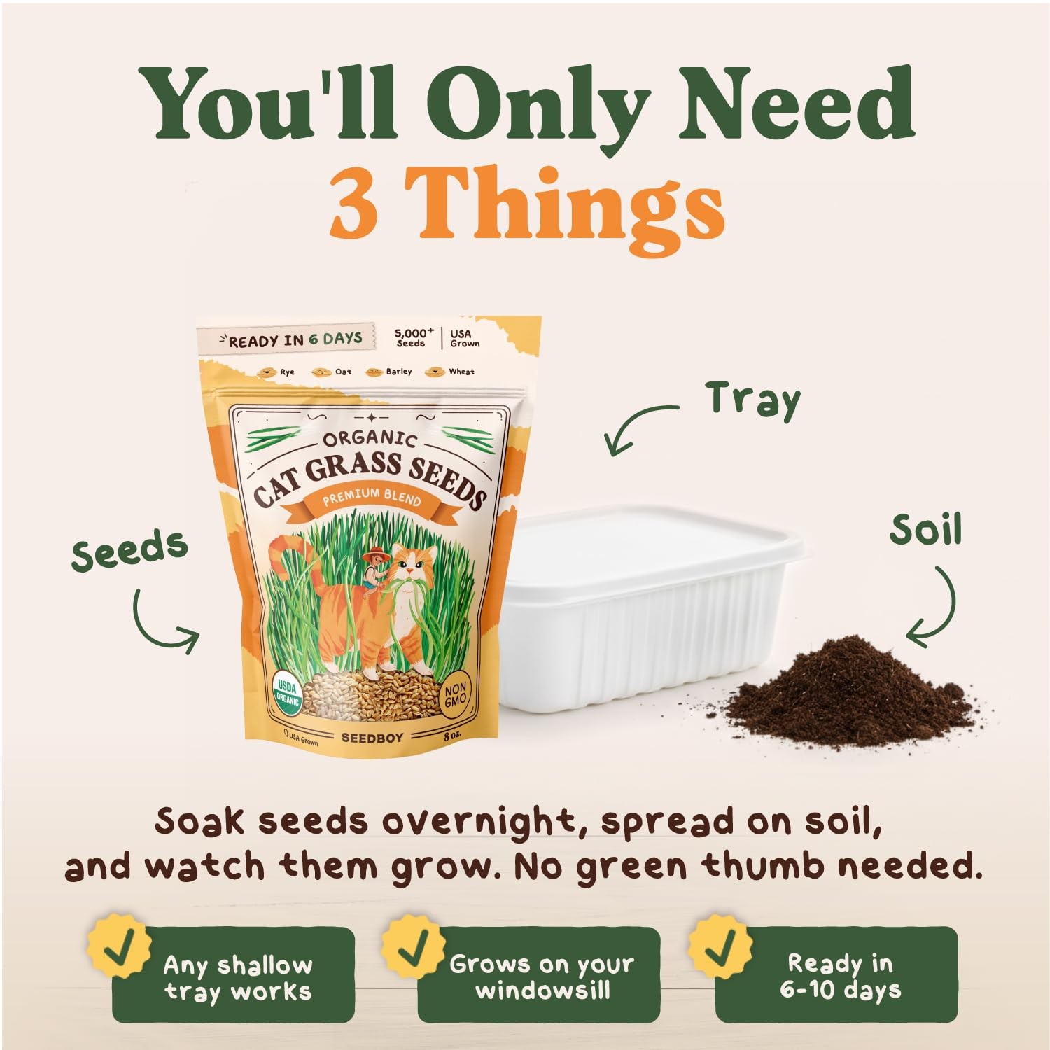 Organic Cat Grass Seeds for Planting, Non-GMO Wheat, Oat, Rye, and Barley Cat…