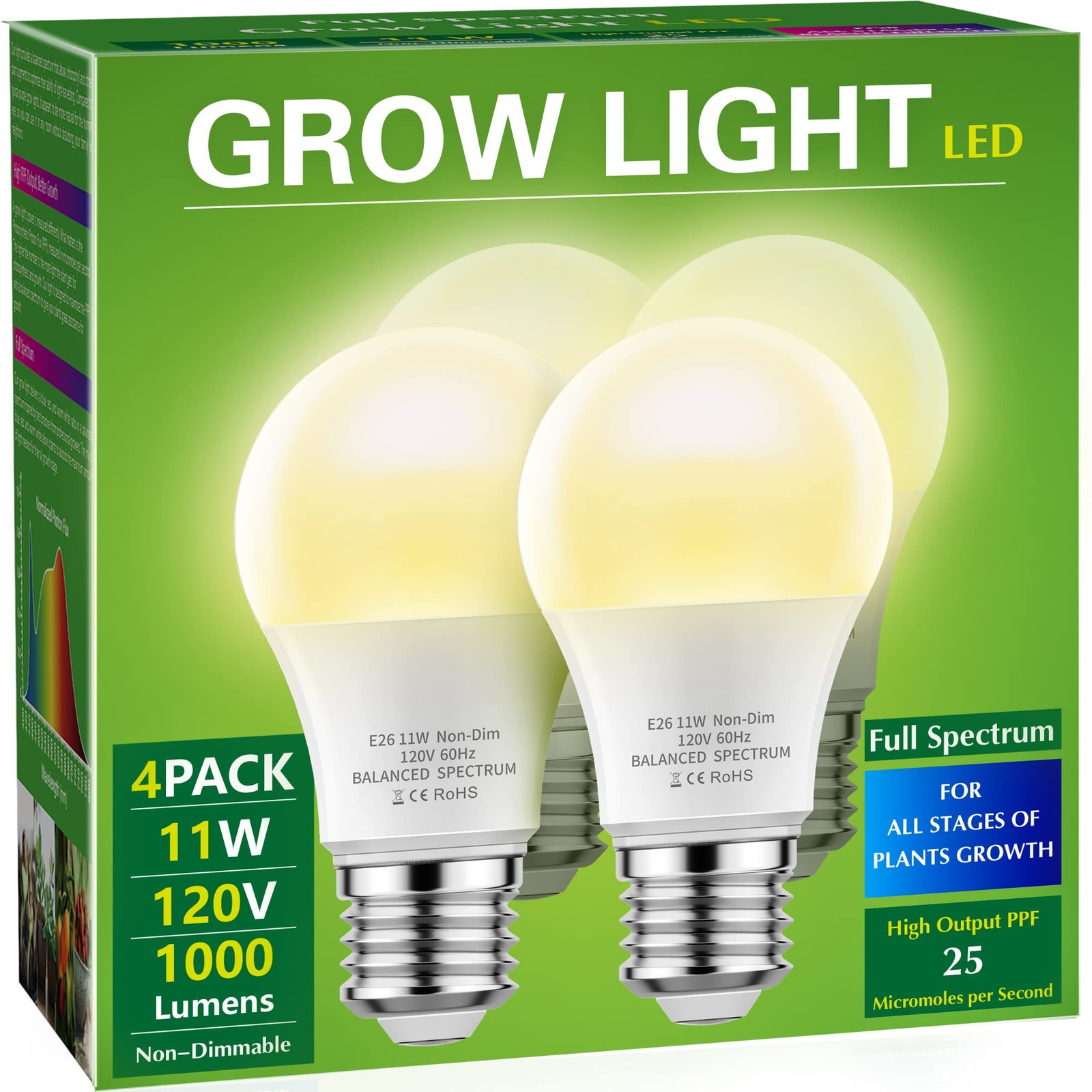Briignite 4 Pack Grow Light Bulbs, LED White 4 Count (Pack of 1), Warm