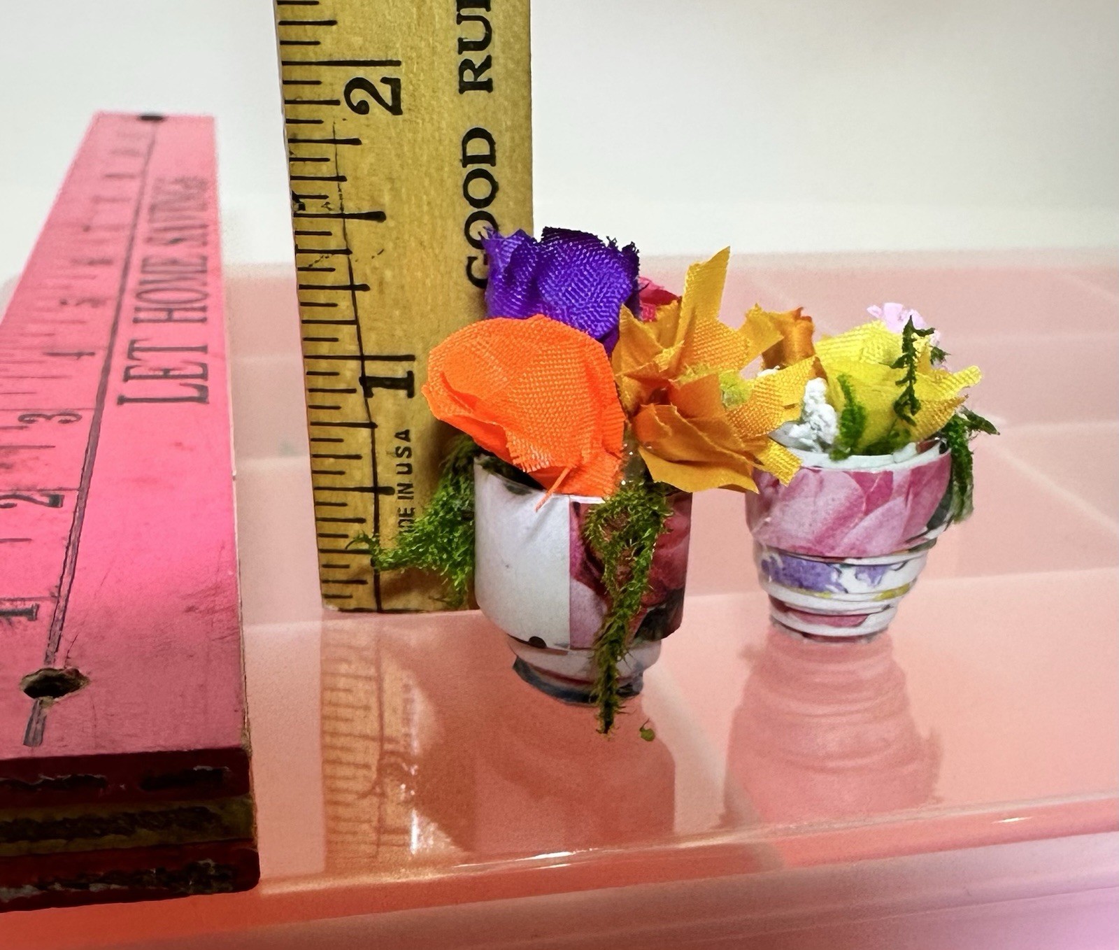 Colorful Miniature Potted Flowering Plants Set Of 2, Dollhouse Decor