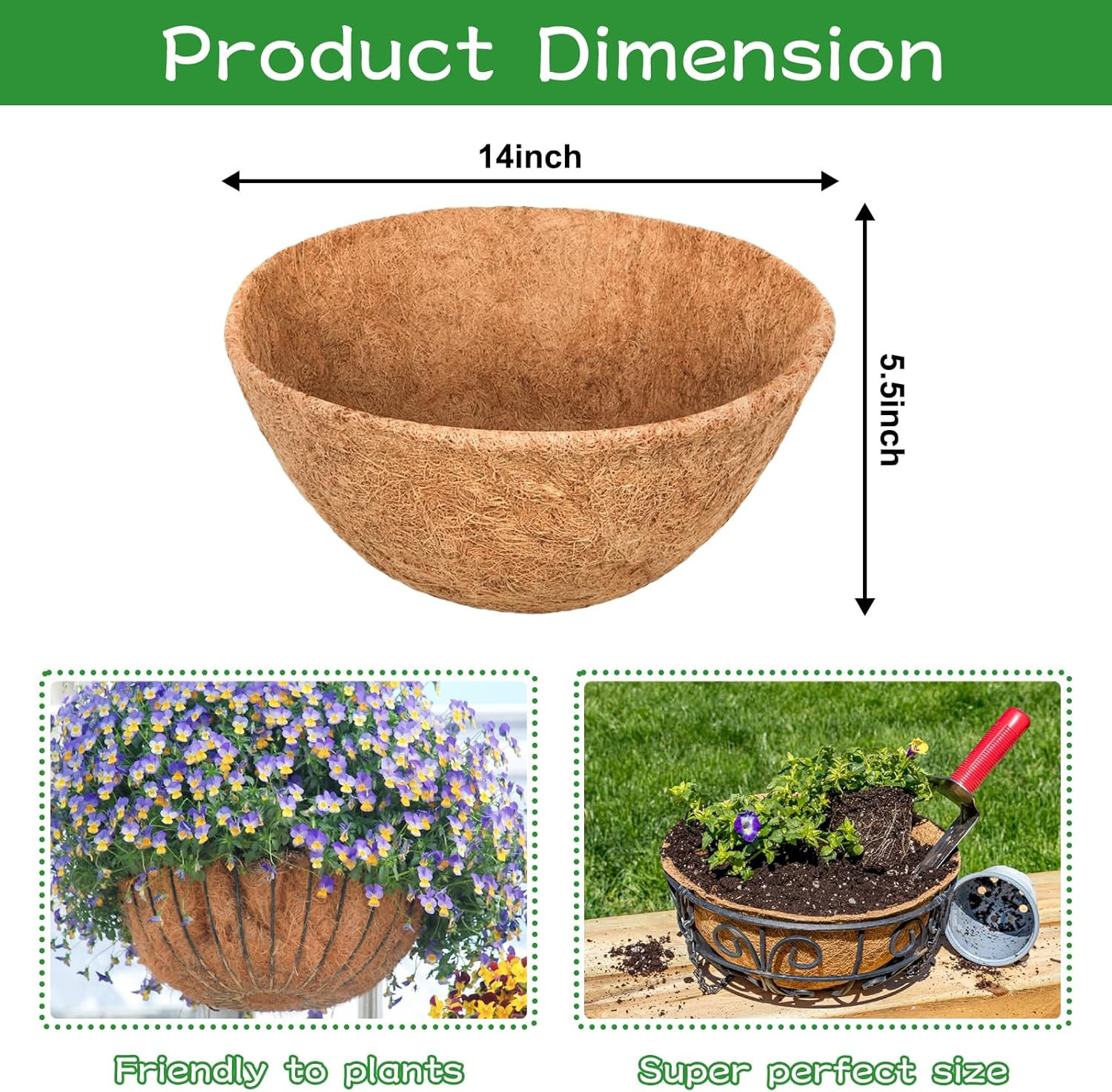 Riare 4 Pack 14 Inch round Coco Liners Replacement, 100% Natural Coconut Coir Li