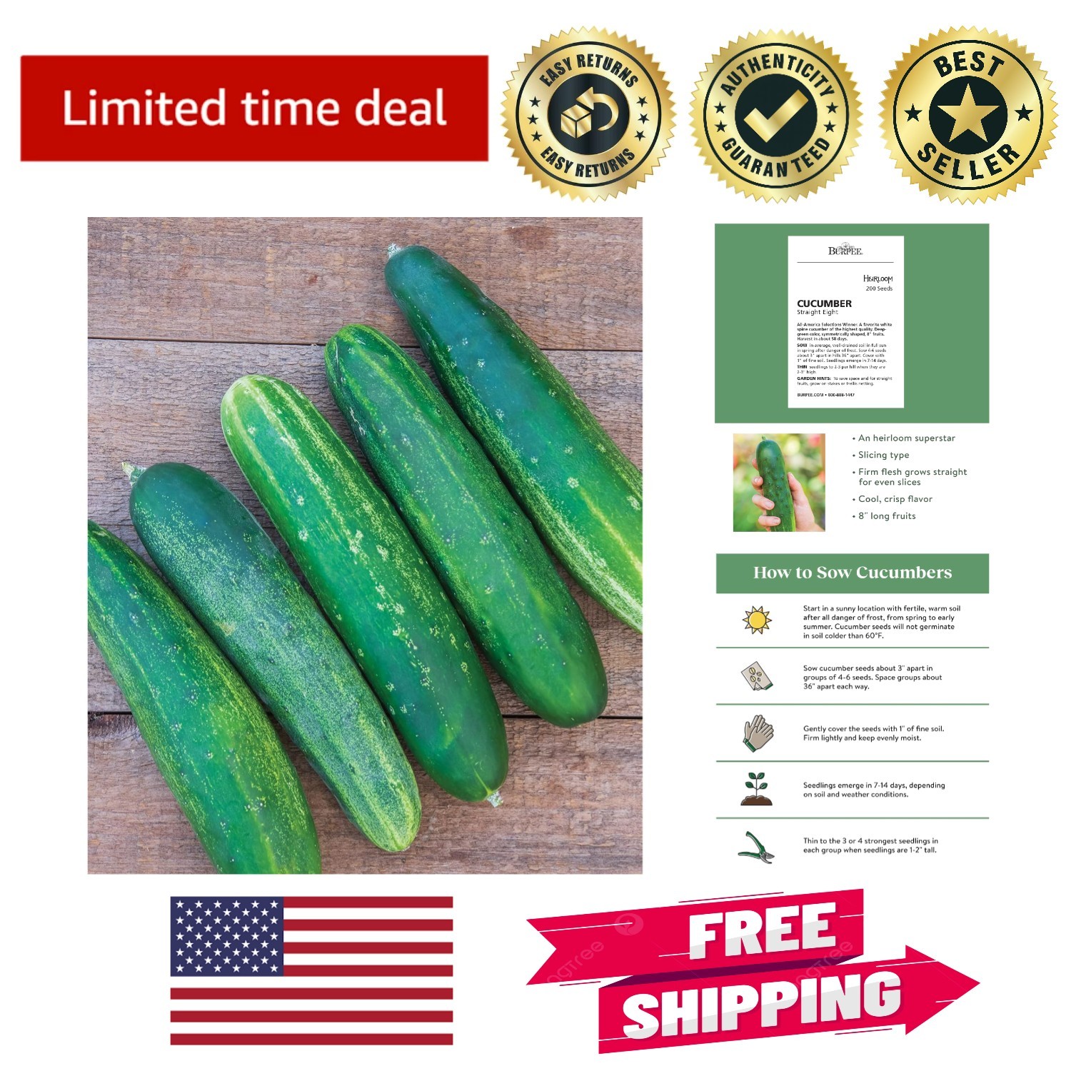 Easy Grow ‘Straight Eight’ Cucumber Seeds – 200 Organic Non-GMO Heirloom Seeds