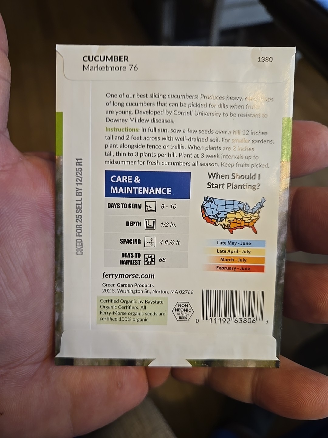 Ferry-Morse 2025 Seed Cucumber Marketmore 76 Organic 800 Mg