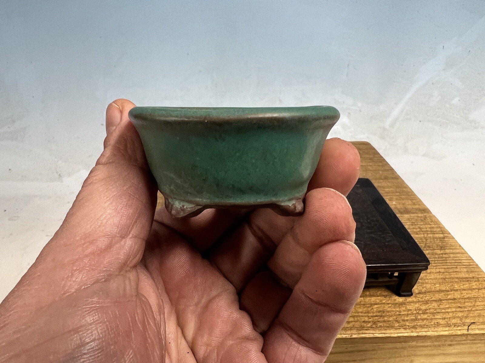 Blue Green Glazed Shohin Sized Bonsai Tree Pot Made By Tosui 2 1/2”
