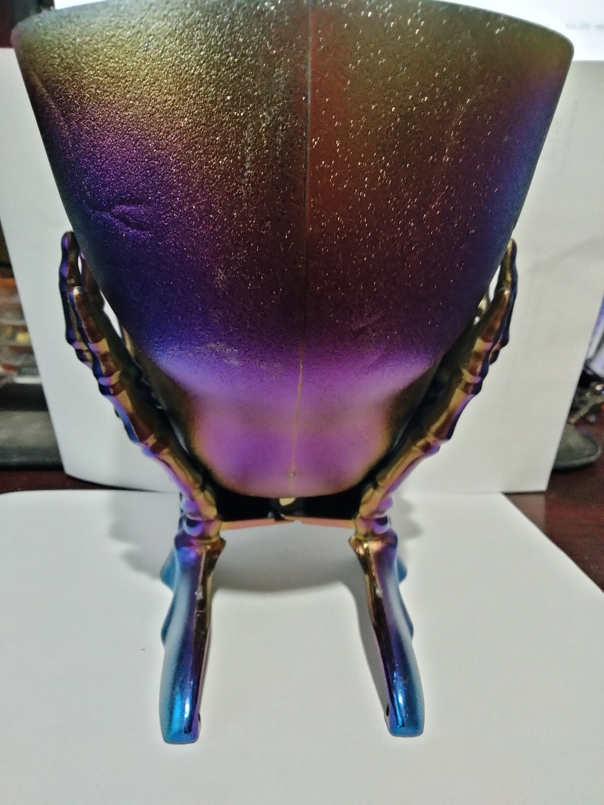 SKULL PLANTER PURPLE, GOLD, BLUE, GREEN, YELLOW HUED PRISM. 6X6X7 APPROX- NEW #3